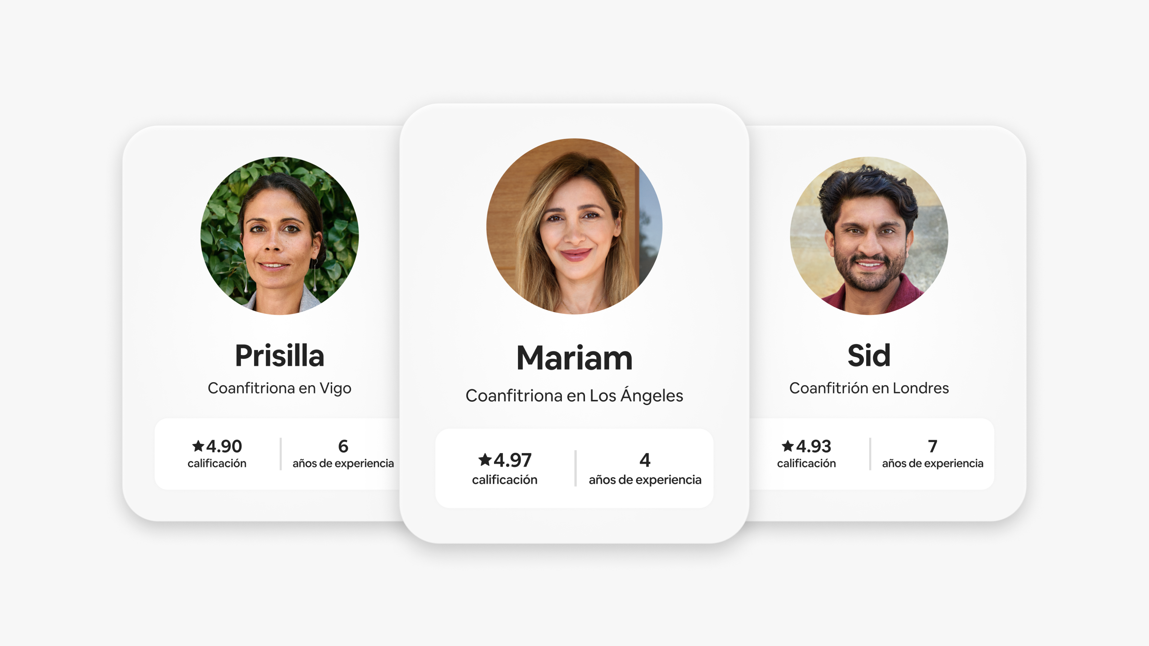 La app de Airbnb muestra tres perfiles de coanfitriones diferentes, que incluyen su foto, nombre, ubicación, calificación de los huéspedes y años de experiencia.
