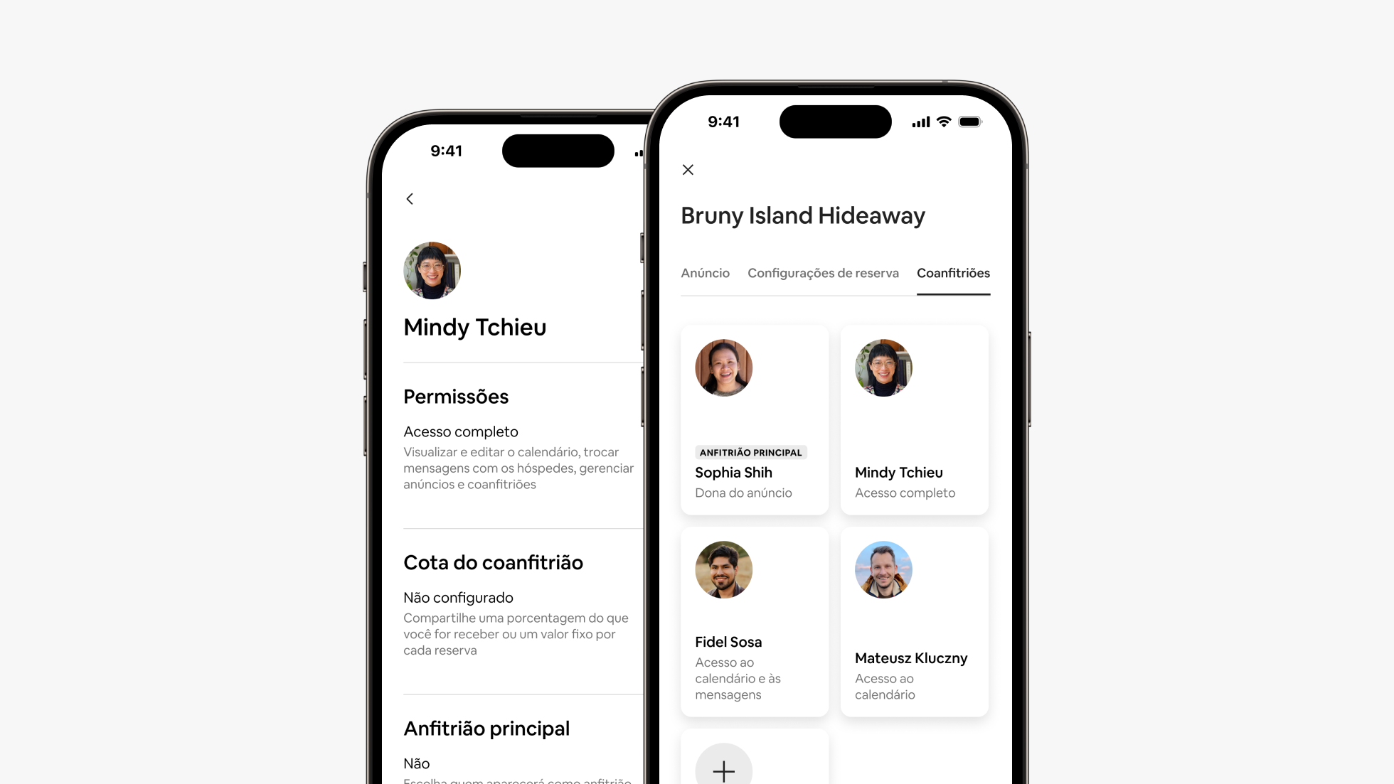 Duas telas de telefone lado a lado mostram as permissões de acesso, os detalhes dos recebimentos de um Coanfitrião e a nova guia de Coanfitriões no aplicativo do Airbnb.