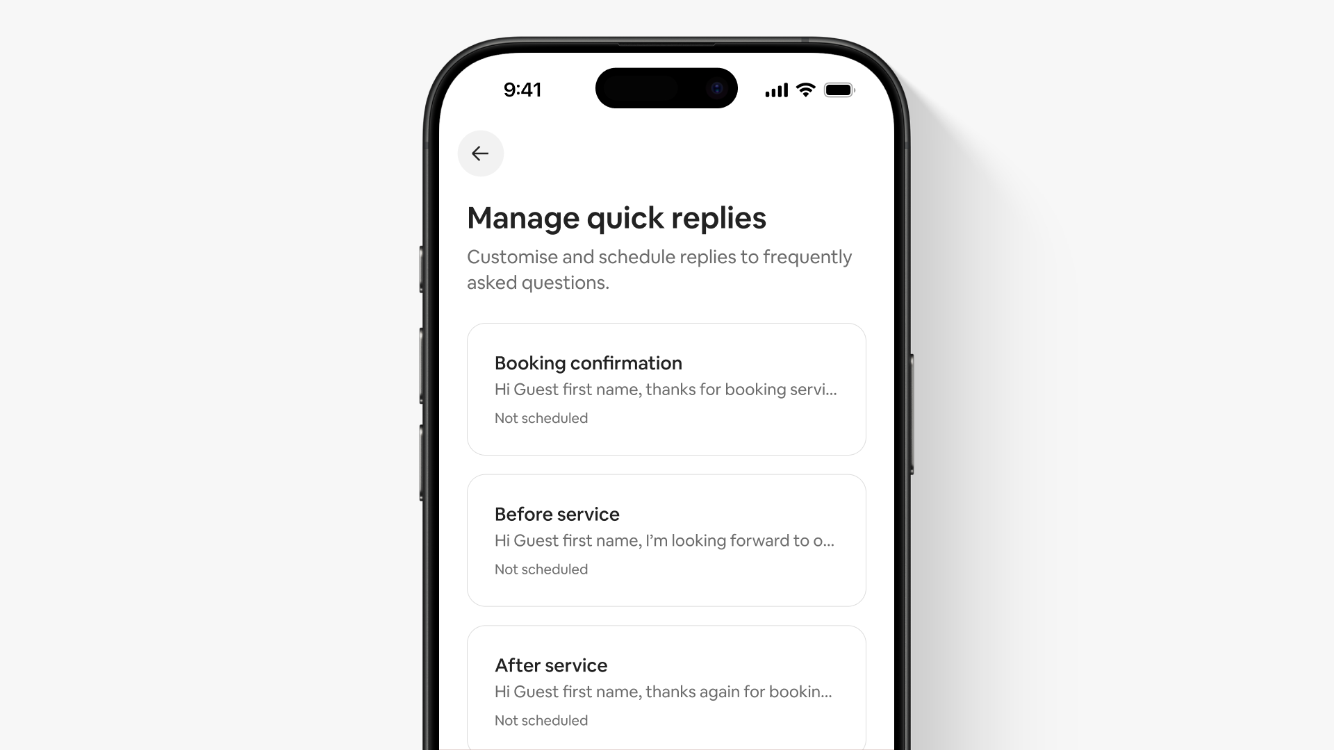 A partial screen in the app, titled ‘Manage quick replies’, shows a list of three pre-written message templates.