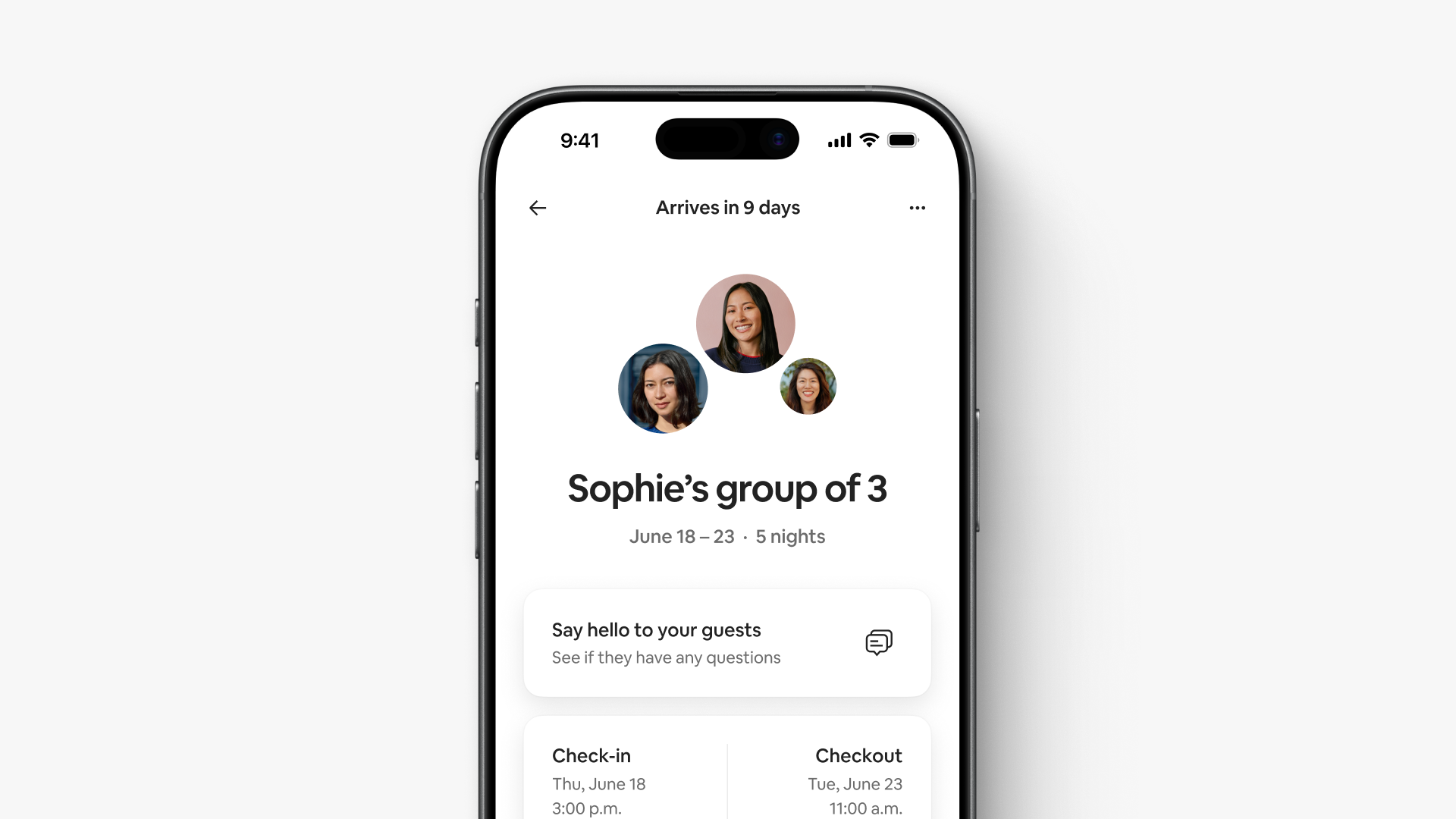 A screen in the app shows Sophie’s group of 3 is arriving in 9 days and includes dates and check-in and checkout times.