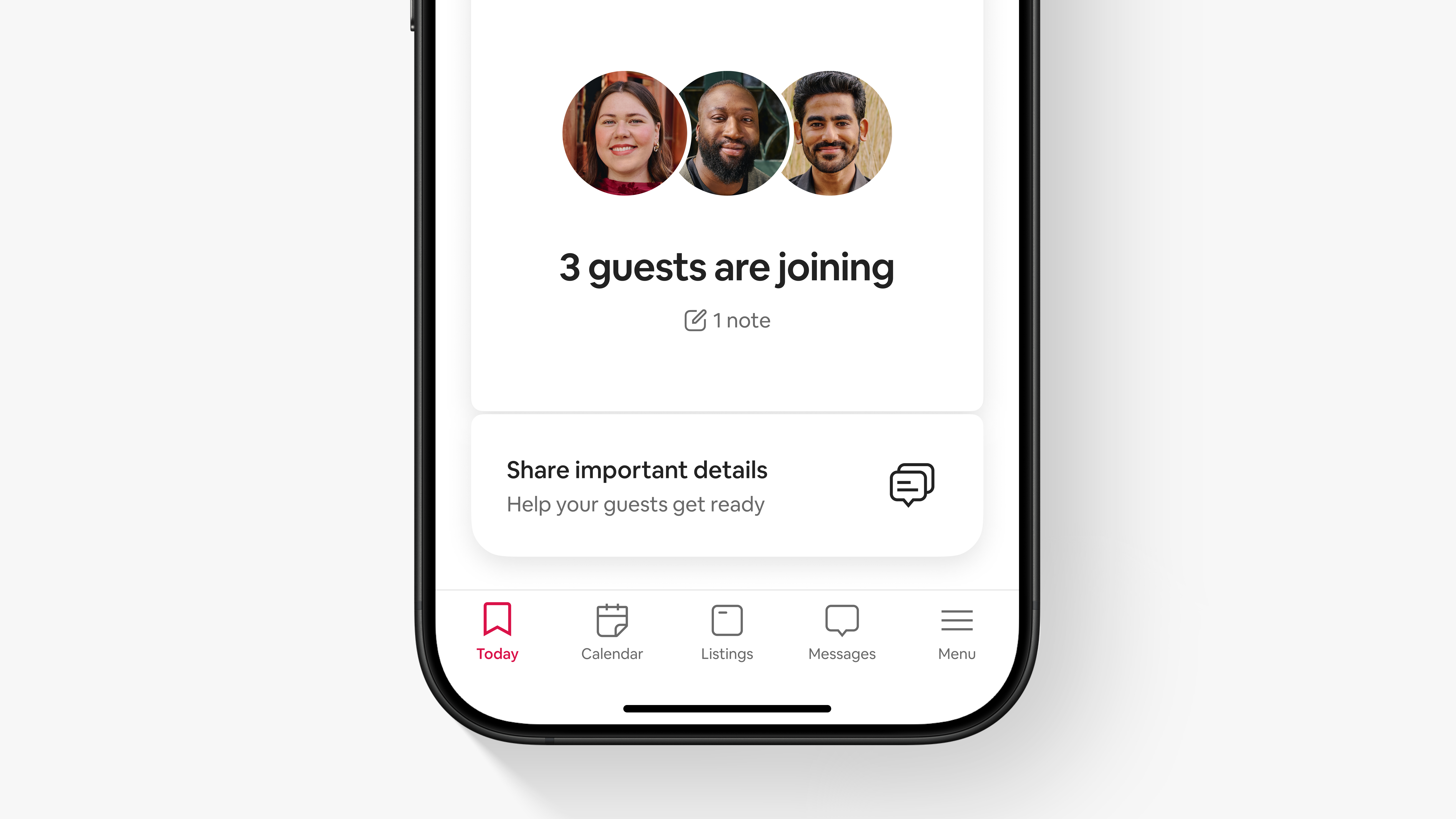 Ein Teilbildschirm in der App zeigt drei Profilbilder über den Worten „Drei Gäste nehmen teil“. Symbole führen zu Notizen und Nachrichten.