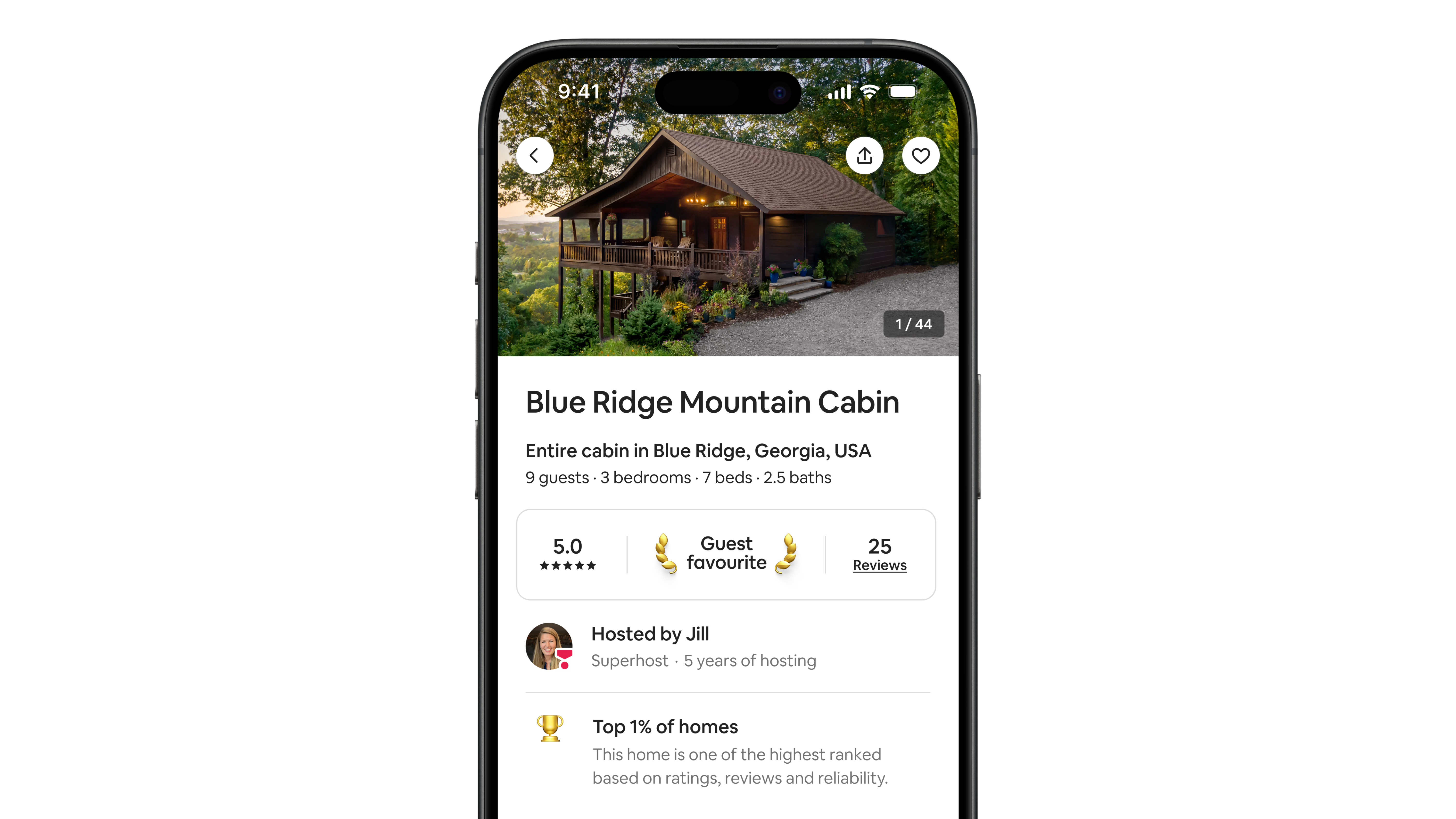 A gold Guest favourite badge, plus a gold trophy next to the phrase ‘Top 1% of homes’, appear on an Airbnb listing.