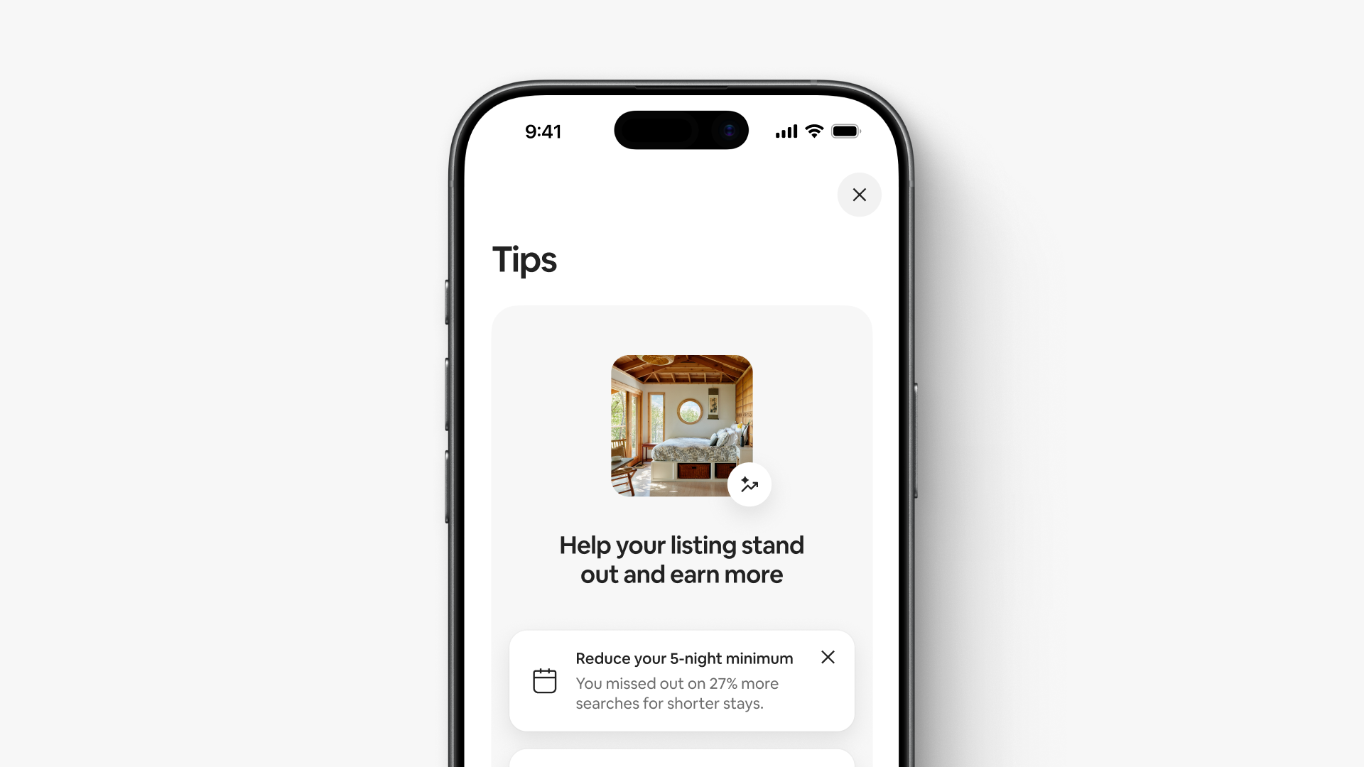 A screenshot shows a tip in a host’s calendar suggesting that they reduce their 5-night minimum stay.