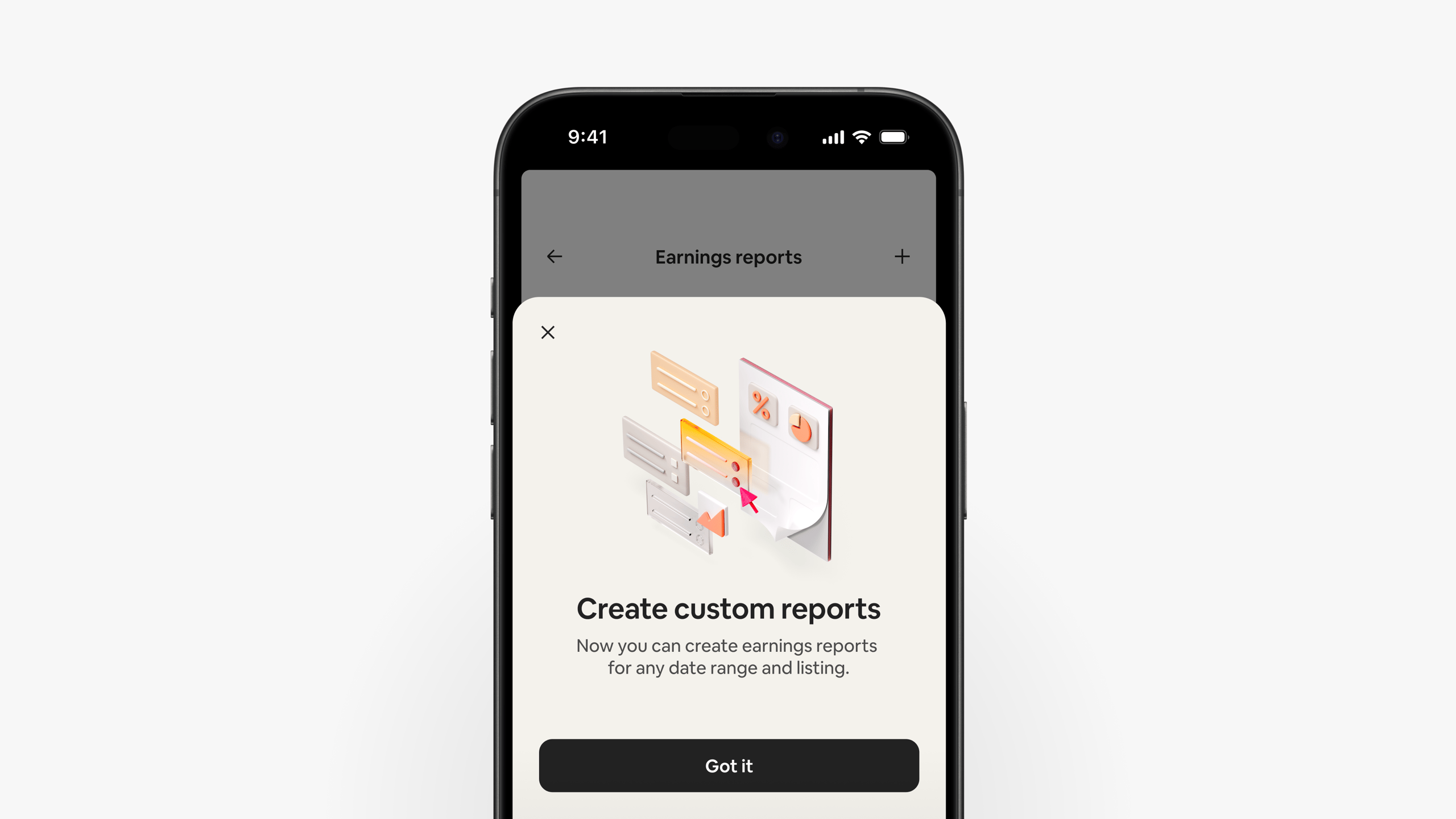 The Airbnb app shows a screen explaining that hosts can create custom earnings reports for any date range and listing.