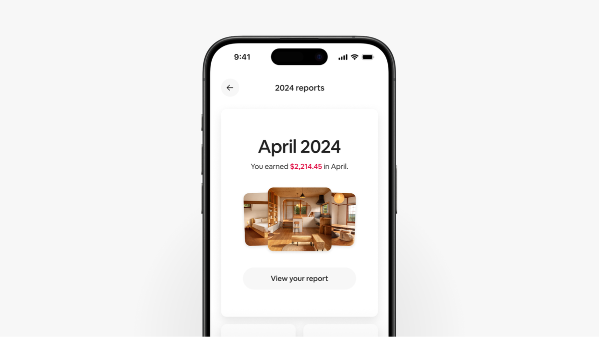 手机 App 报告中心的屏幕上显示了「4 月份收入为 2214.45 美元」，下方为查看报告按钮。