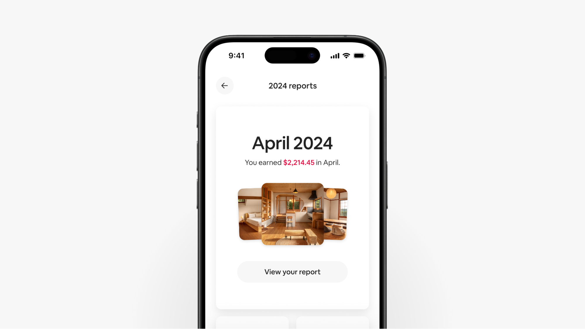 Una schermata nell'hub dei report dell'app mobile riporta il testo "Hai guadagnato 2.214,45 USD ad aprile" sopra un pulsante per consultare il tuo report.