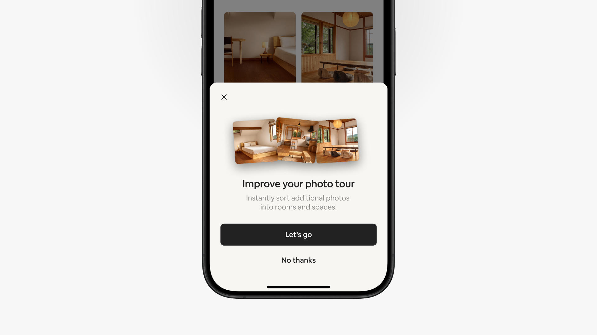 Airbnb ಆ್ಯಪ್‌ನಲ್ಲಿನ ಪಾಪ್-ಅಪ್ ಪರದೆಯು "ನಿಮ್ಮ ಫೋಟೋ ಟೂರ್ ಅನ್ನು ಸುಧಾರಿಸಿ" ಎಂದು ಎರಡು ಆಯ್ಕೆಗಳಾದ "ಹೋಗೋಣ" ಮತ್ತು "ಇಲ್ಲ ಧನ್ಯವಾದಗಳು" ಬಟನ್‌ಗಳ ಮೇಲೆ ಹೇಳುತ್ತದೆ.