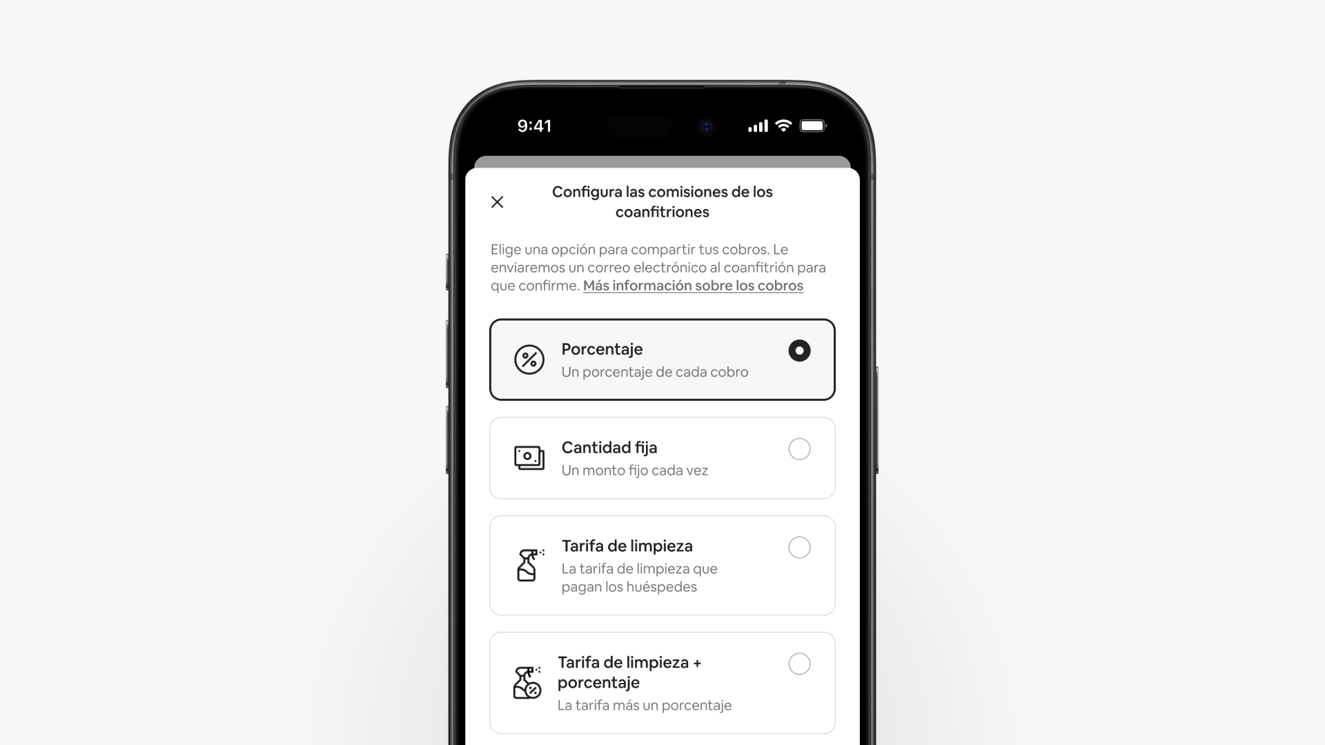La pantalla de un smartphone muestra la página de cobros de los coanfitriones, con cuatro opciones para compartir los cobros.