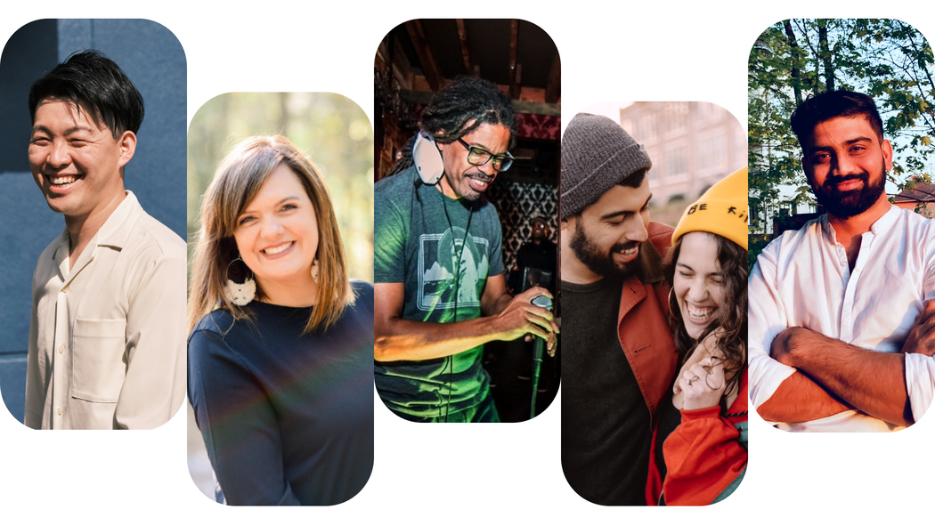Zdjęcia 6 uśmiechniętych gospodarzy Airbnb ułożone w kolaż.
