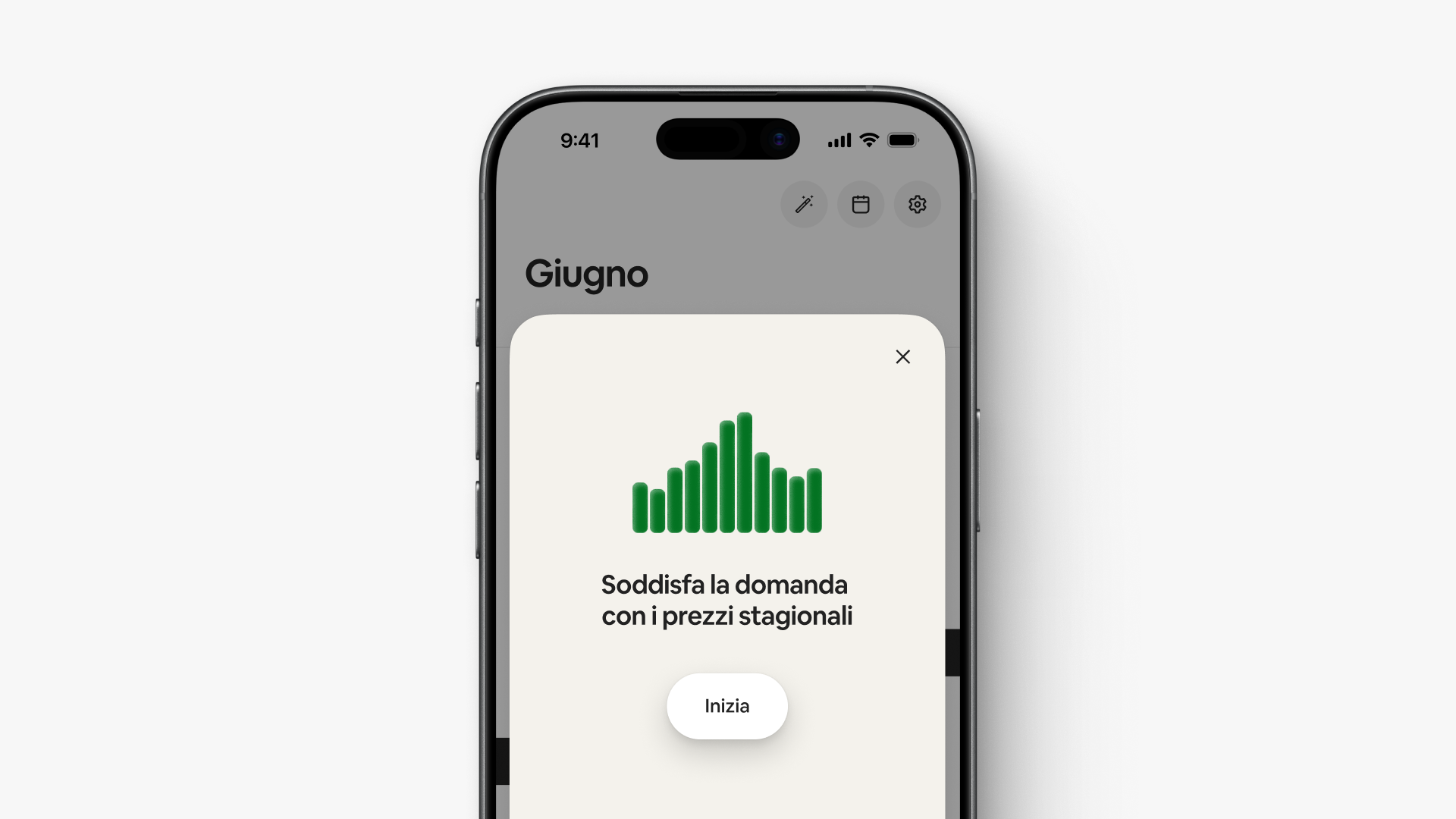 Una schermata nell'app mostra un grafico a barre dei prezzi mensili e la dicitura "Soddisfa la domanda con i prezzi stagionali".