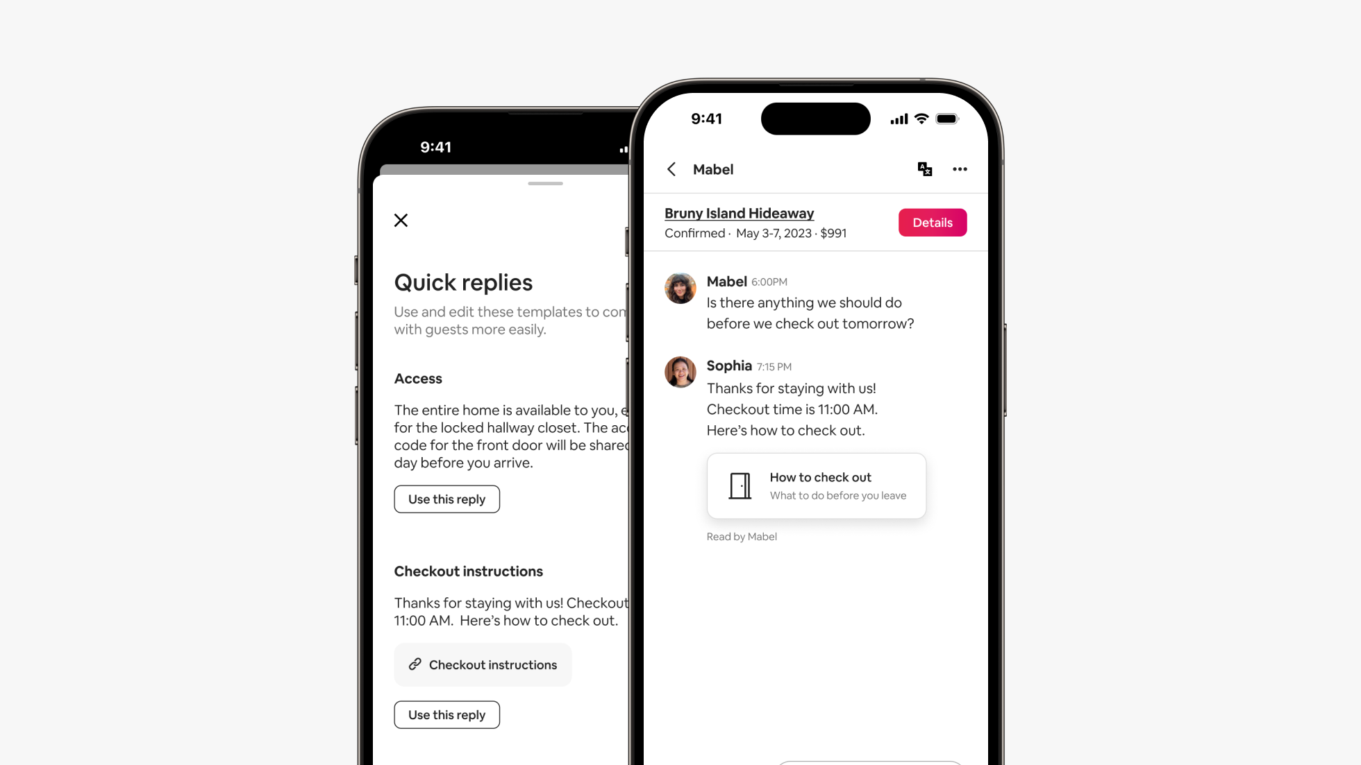 Deux écrans de téléphone affichent la page des réponses rapides, ainsi qu'un message de réponse rapide qui renvoie aux instructions de départ sur Airbnb.