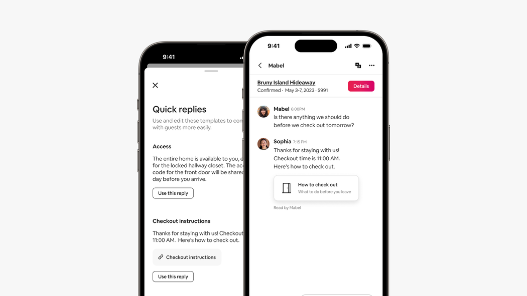 Na dwóch ekranach telefonu wyświetlany jest ekran szybkich odpowiedzi oraz szybka odpowiedź z linkiem do instrukcji dotyczących wymeldowania na Airbnb.