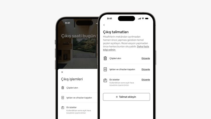 Yan yana iki telefon ekranı, Airbnb uygulamasında misafir ve ilan sahibi için çıkış talimatlarını gösteriyor.