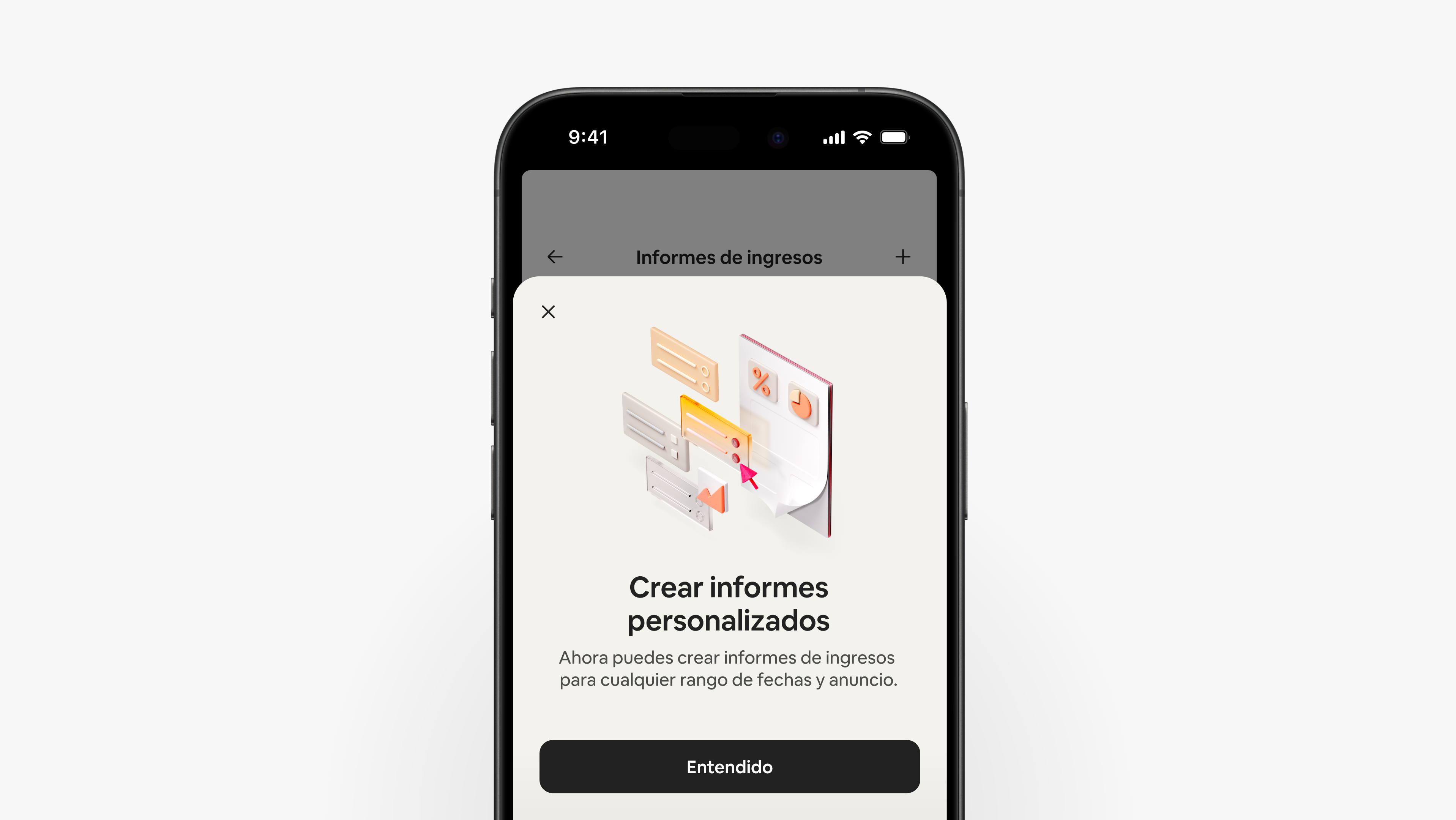 La aplicación de Airbnb muestra una pantalla que explica que los anfitriones pueden crear informes de ingresos personalizados para cualquier periodo y anuncio.