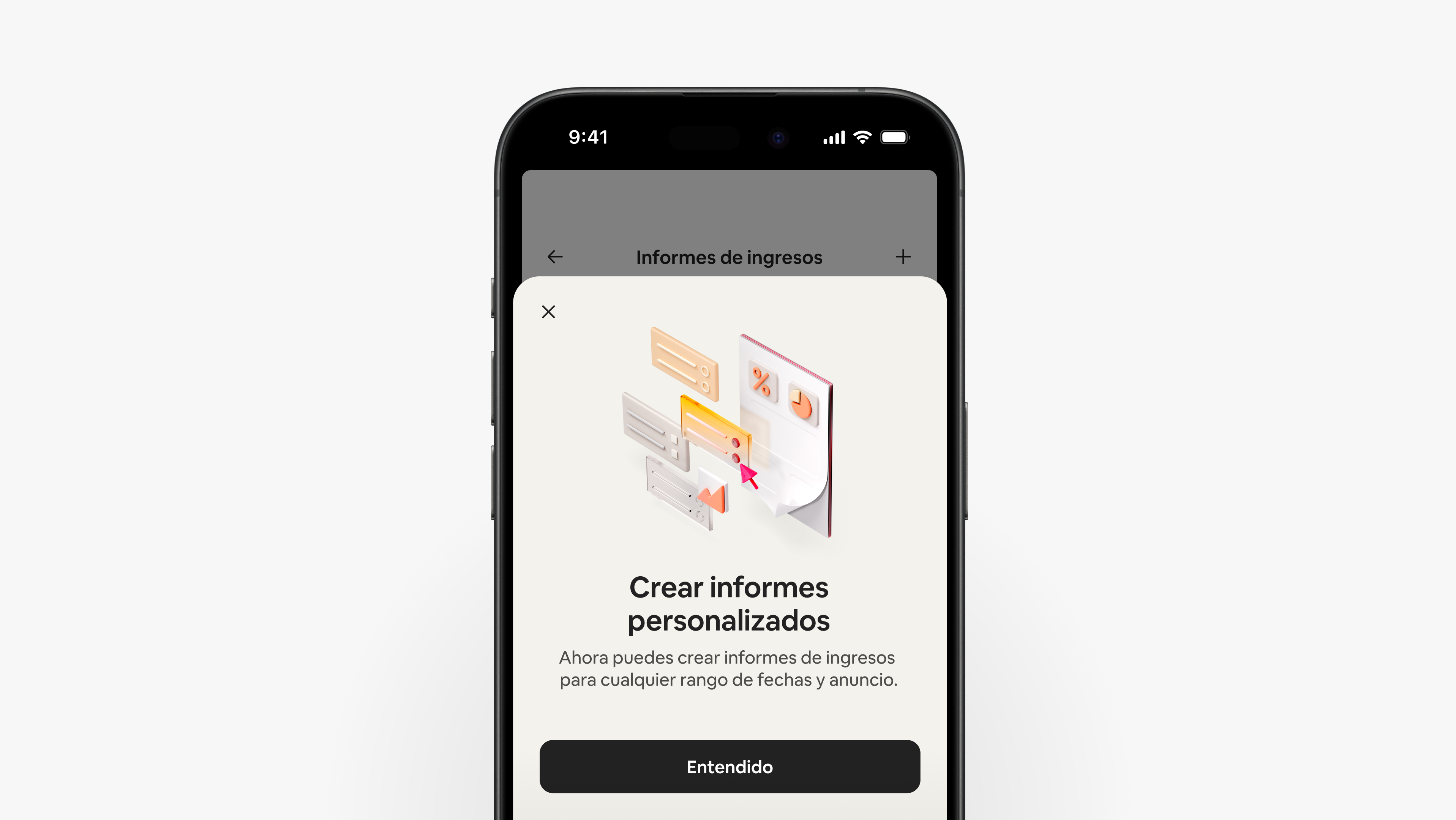 La aplicación de Airbnb muestra una pantalla que explica que los anfitriones pueden crear informes de ingresos personalizados para cualquier periodo y anuncio.