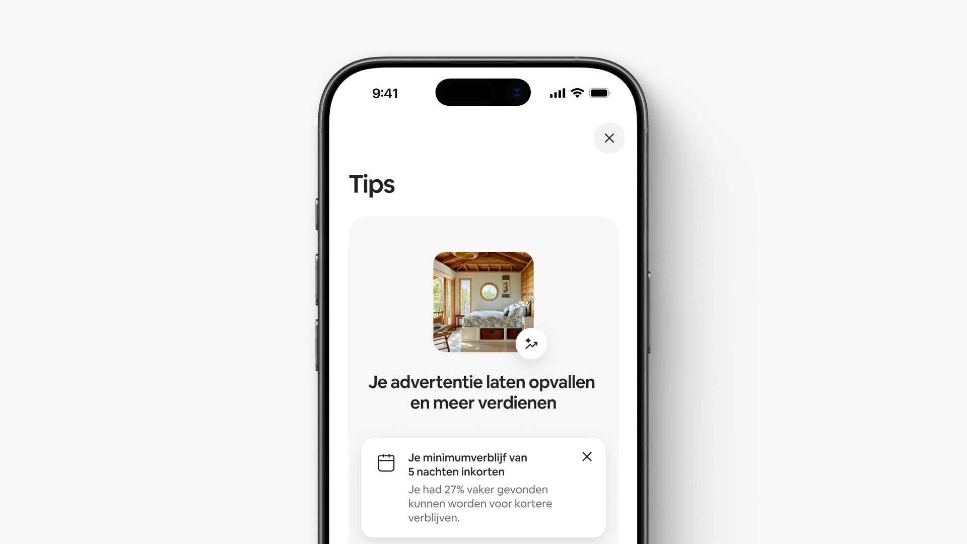 Een screenshot van een tip in de kalender van een host met de suggestie om het minimumverblijf van 5 nachten in te korten.