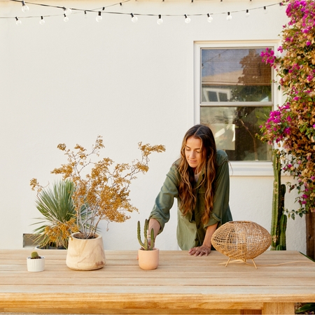 A person adjusts a cactus in a pink pot atop a wooden table with a potted plant in the foreground.