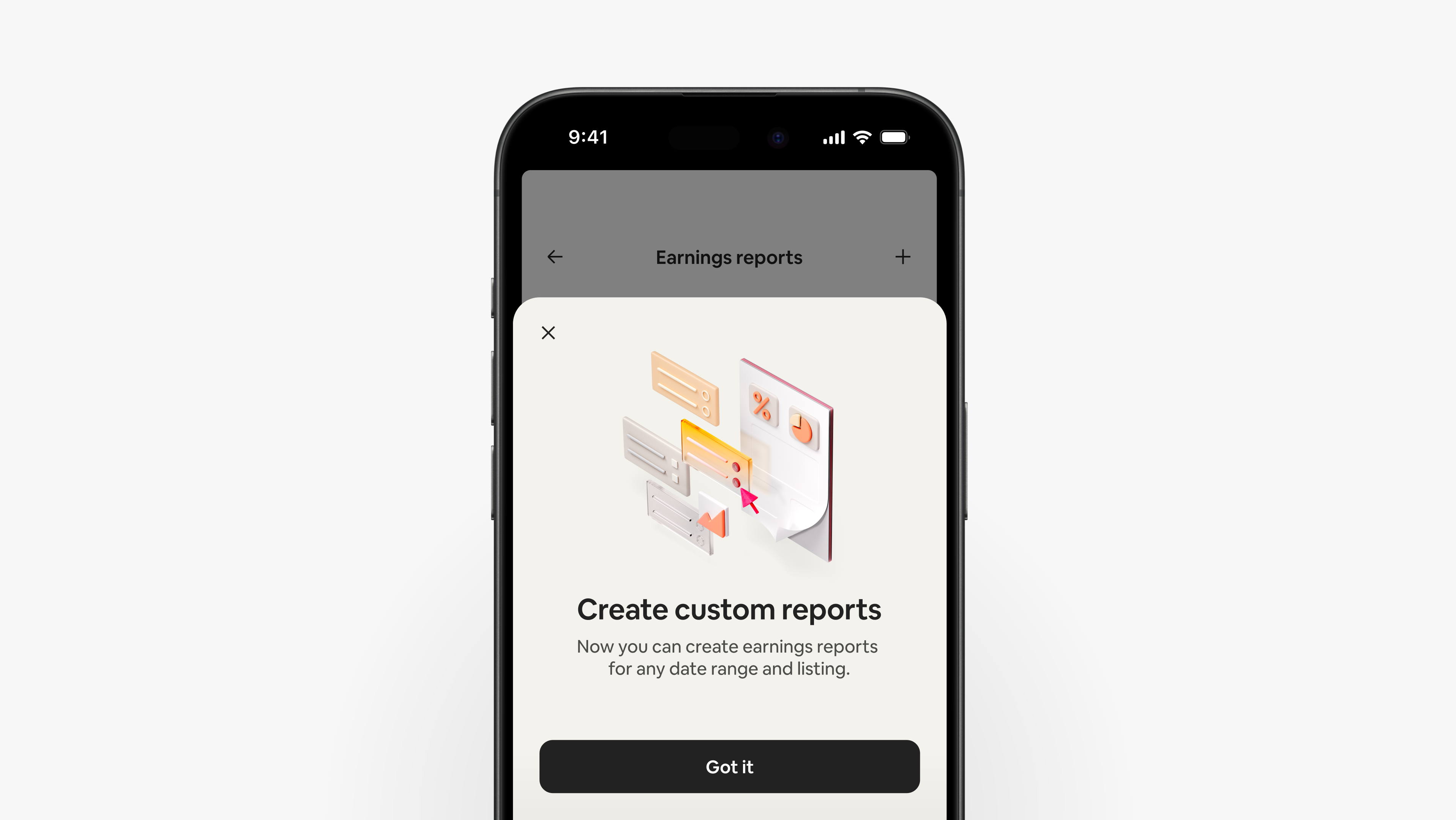 The Airbnb app shows a screen explaining that hosts can create custom earnings reports for any date range and listing.