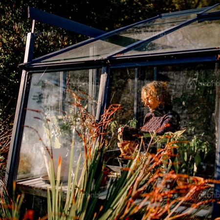 На застекленной террасе, залитой солнечным светом, стоит женщина в вязаном свитере с высокой горловиной и ухаживает за растением в горшке.