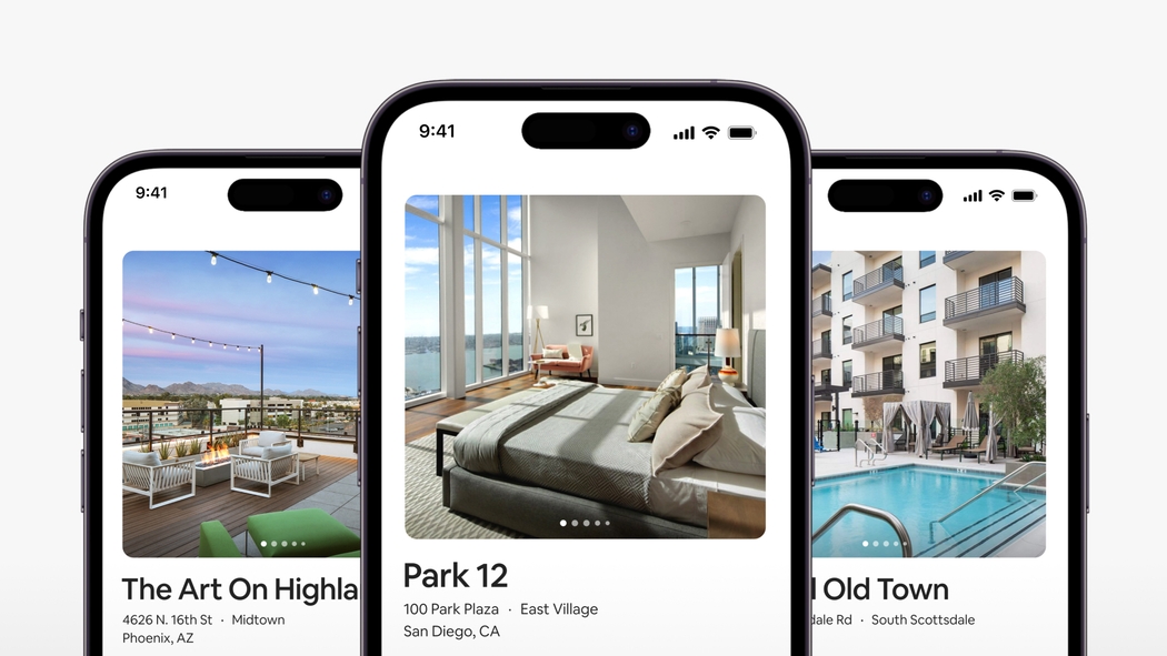 На трех экранах показаны многоквартирные дома — партнеры Airbnb в разных городах.