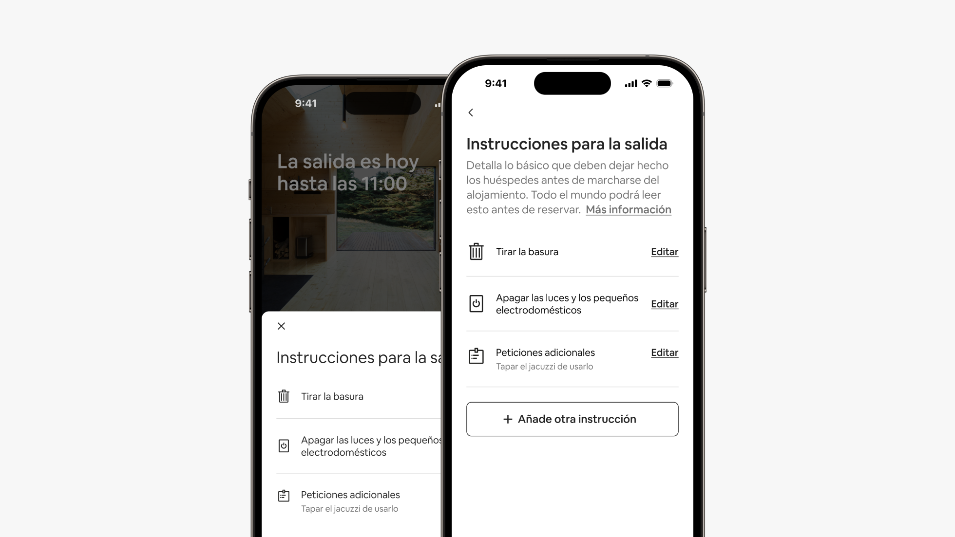 Dos pantallas de móvil situadas una junto a la otra muestran las instrucciones para la salida que aparecen en la aplicación de Airbnb en la interfaz del viajero y del anfitrión respectivamente.