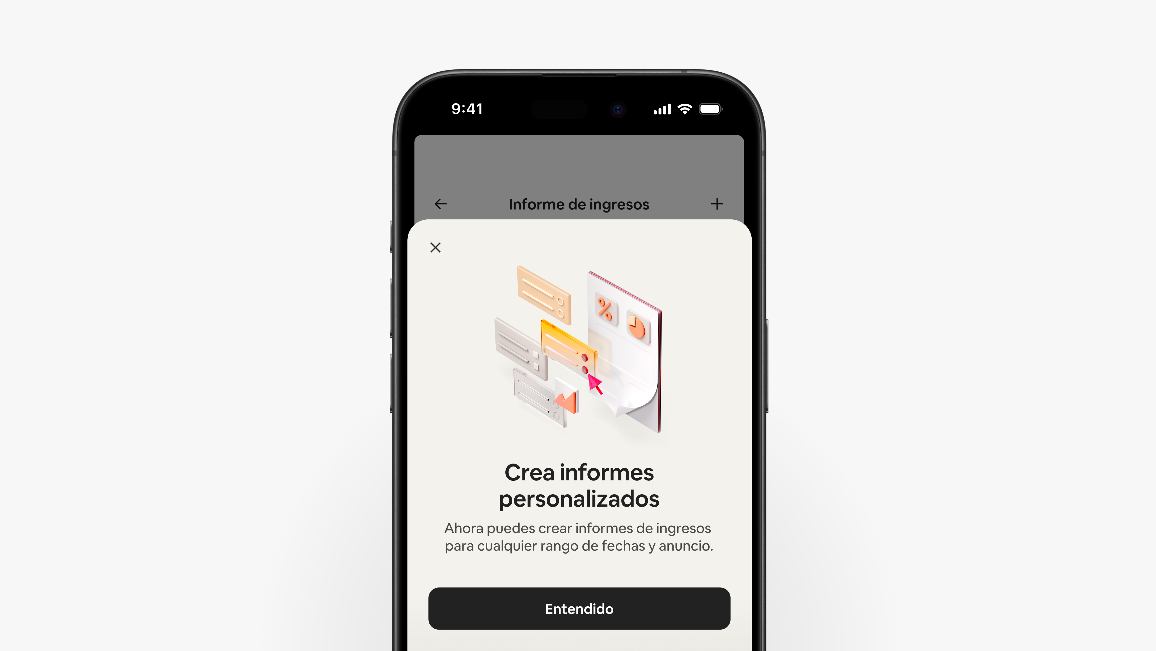 La app de Airbnb muestra una pantalla que explica que los anfitriones pueden crear informes de ingresos personalizados para cualquier período y anuncio.