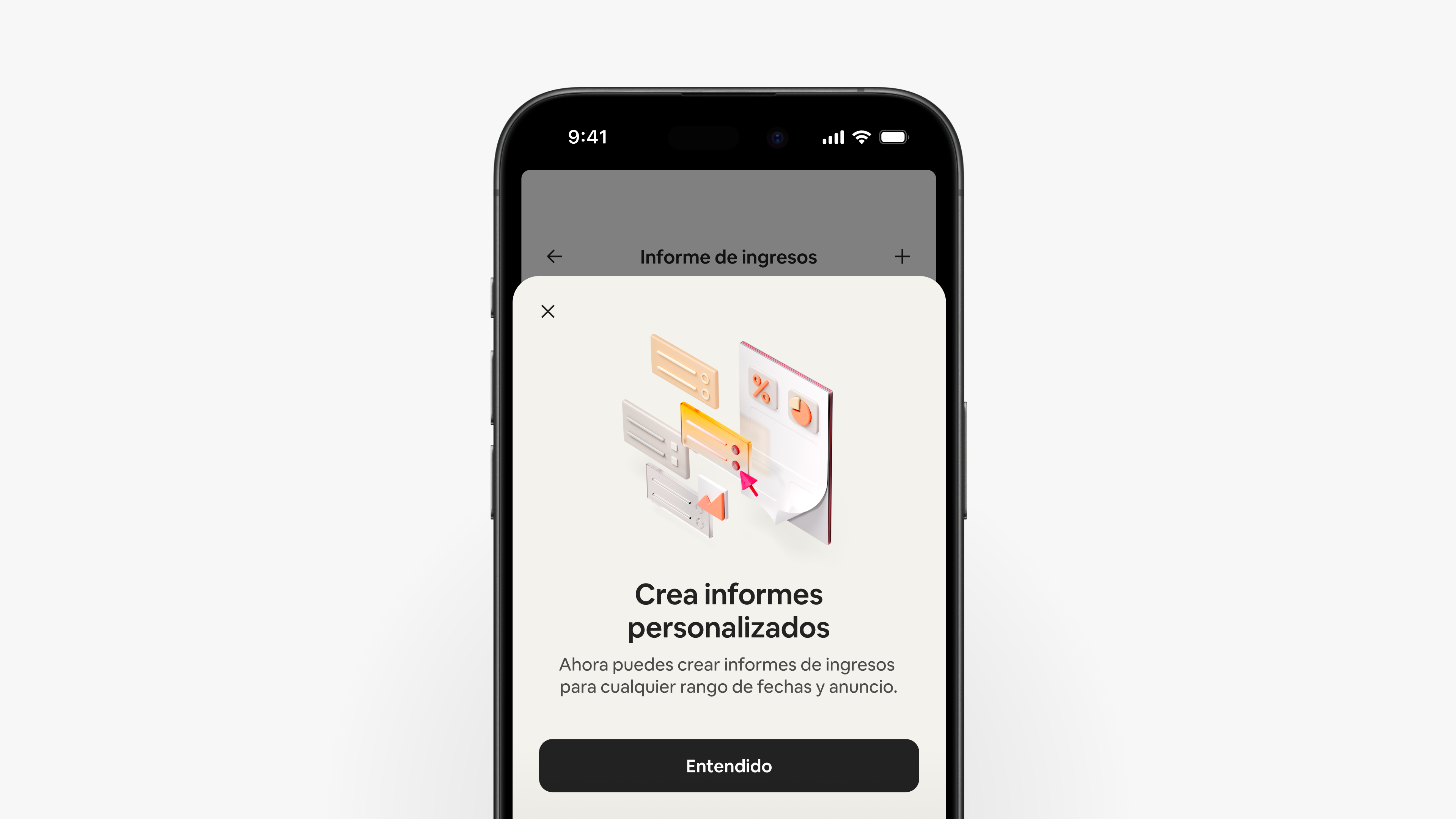La app de Airbnb muestra una pantalla que explica que los anfitriones pueden crear informes de ingresos personalizados para cualquier período y anuncio.