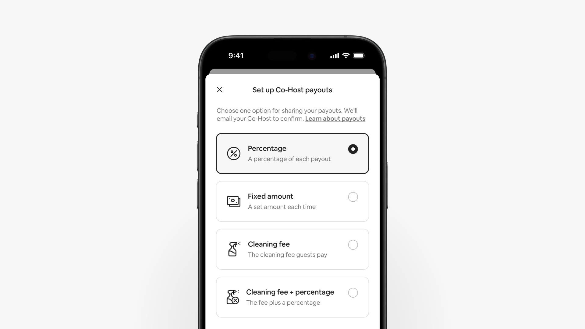 A smartphone screen shows the Co-Host payouts page, with four options for sharing payouts.