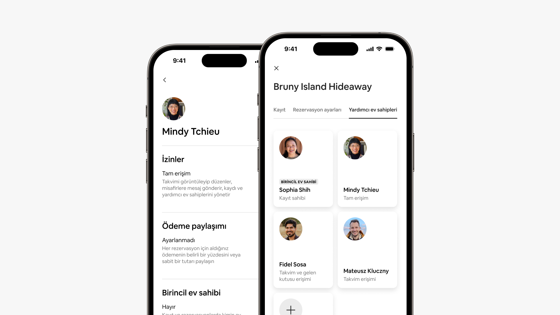 Yan yana iki telefon ekranı, Airbnb uygulamasında bir yardımcı ev sahibinin izinleri ve ödeme paylaşımı ayrıntıları ile yeni yardımcı ev sahipleri sekmesini gösteriyor.