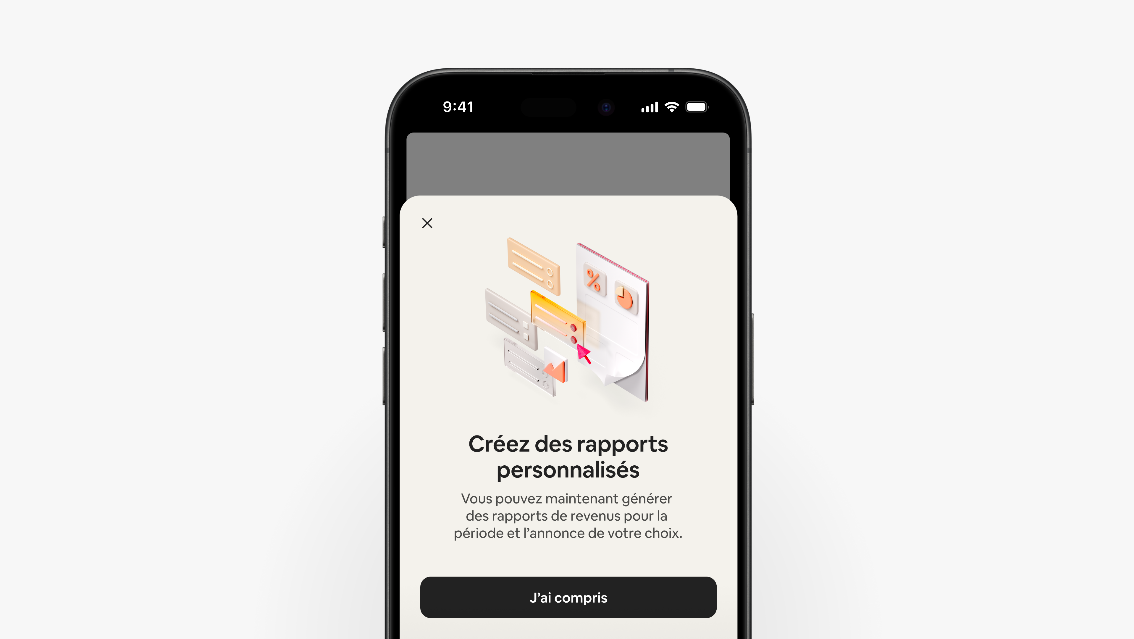L'application Airbnb affiche un écran expliquant que les hôtes peuvent créer des rapports de revenus personnalisés pour les périodes et les annonces de leur choix.