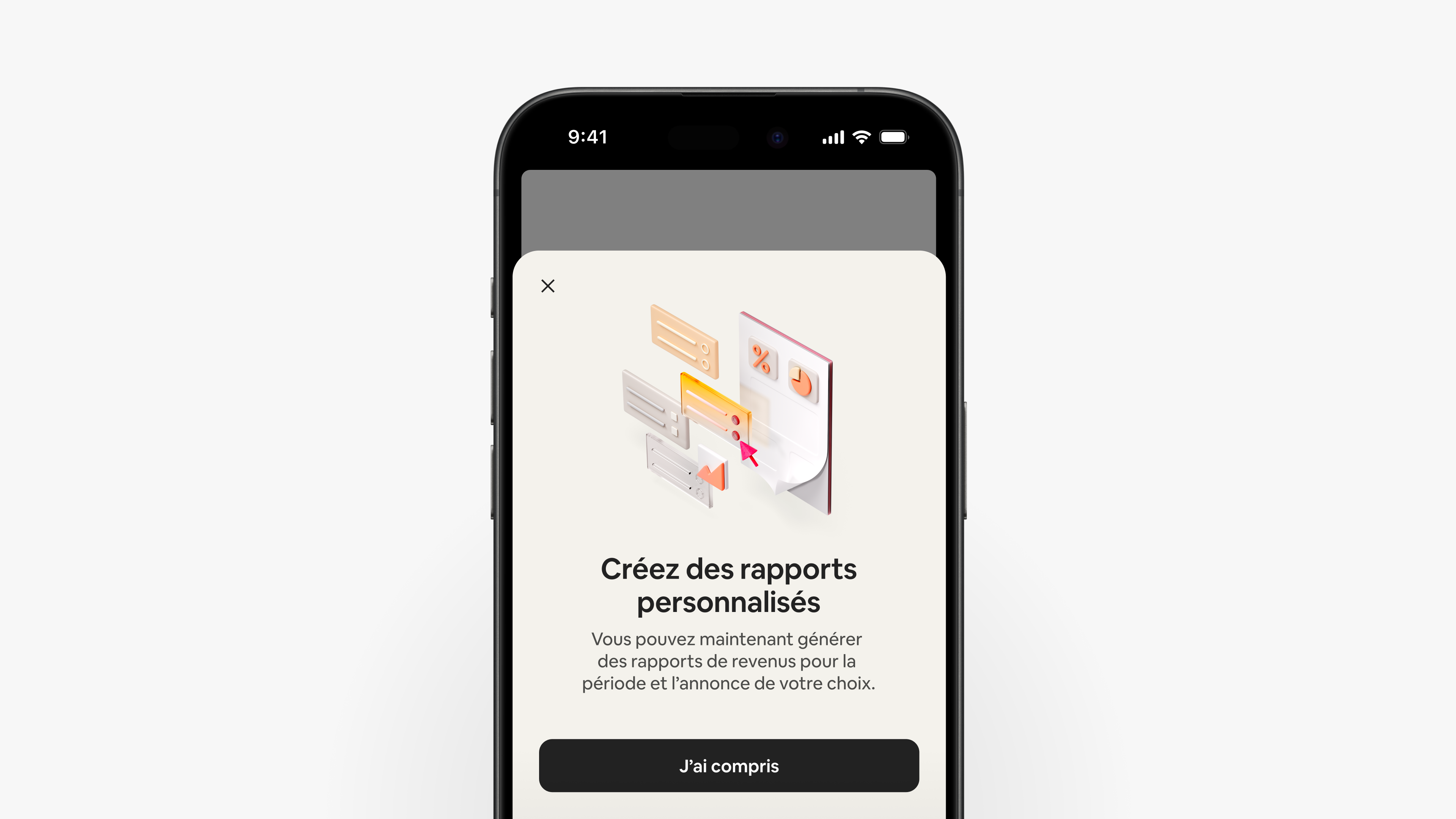 L'application Airbnb affiche un écran expliquant que les hôtes peuvent créer des rapports de revenus personnalisés pour les périodes et les annonces de leur choix.