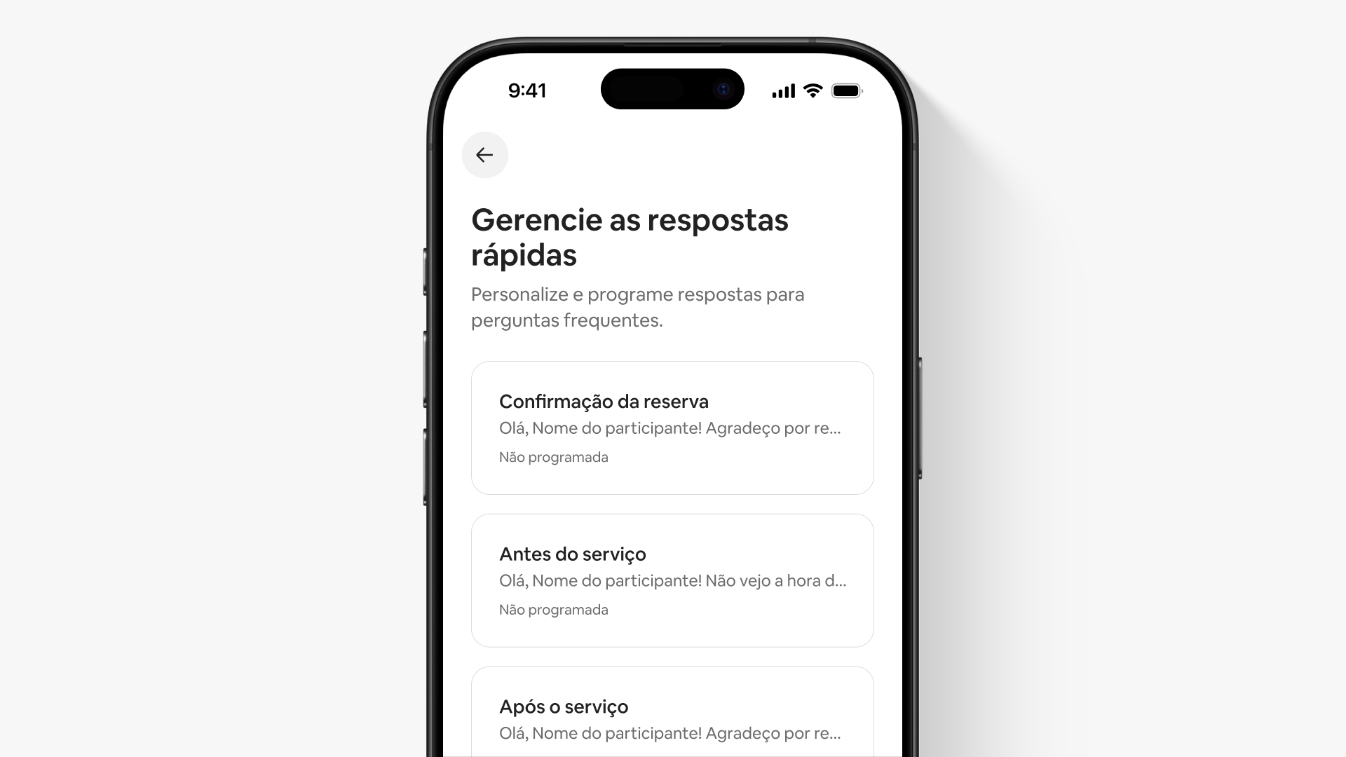 Uma tela parcial no aplicativo, intitulada "Gerenciar respostas rápidas", mostra uma lista de três modelos de mensagens pré-escritas.