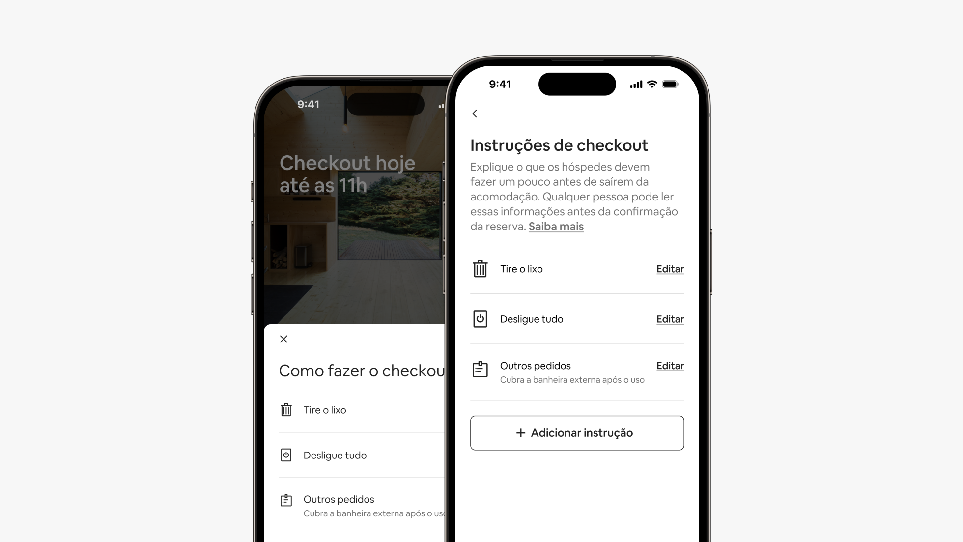 Duas telas de celular lado a lado mostram as instruções de checkout do hóspede e do anfitrião usando o aplicativo do Airbnb.