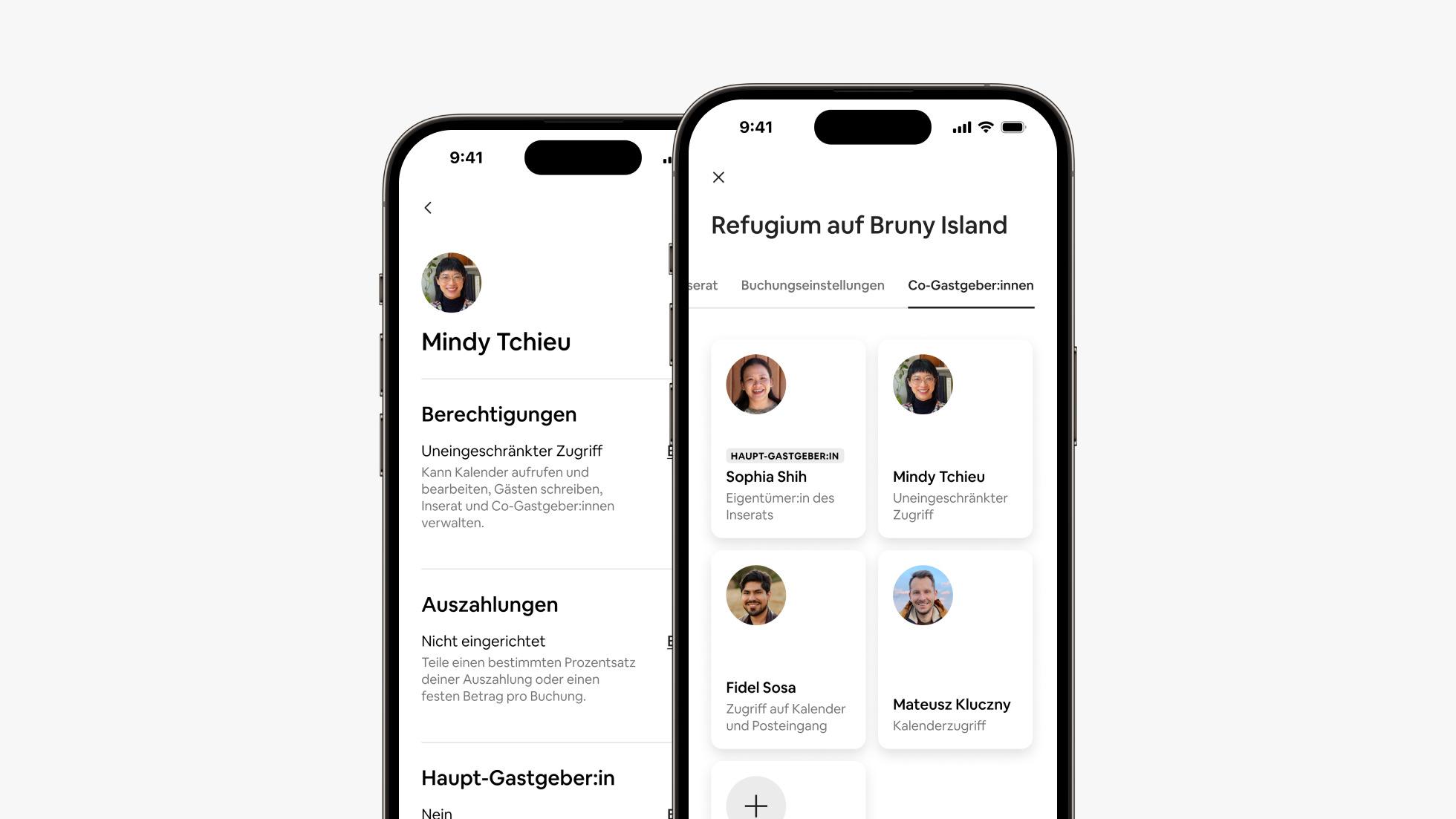 Zwei Handybildschirme nebeneinander zeigen die Berechtigungen und Auszahlungsdetails eines Co-Gastgebers / einer Co-Gastgeberin sowie die neue Registerkarte „Co-Gastgeber:innen“ in der Airbnb-App.