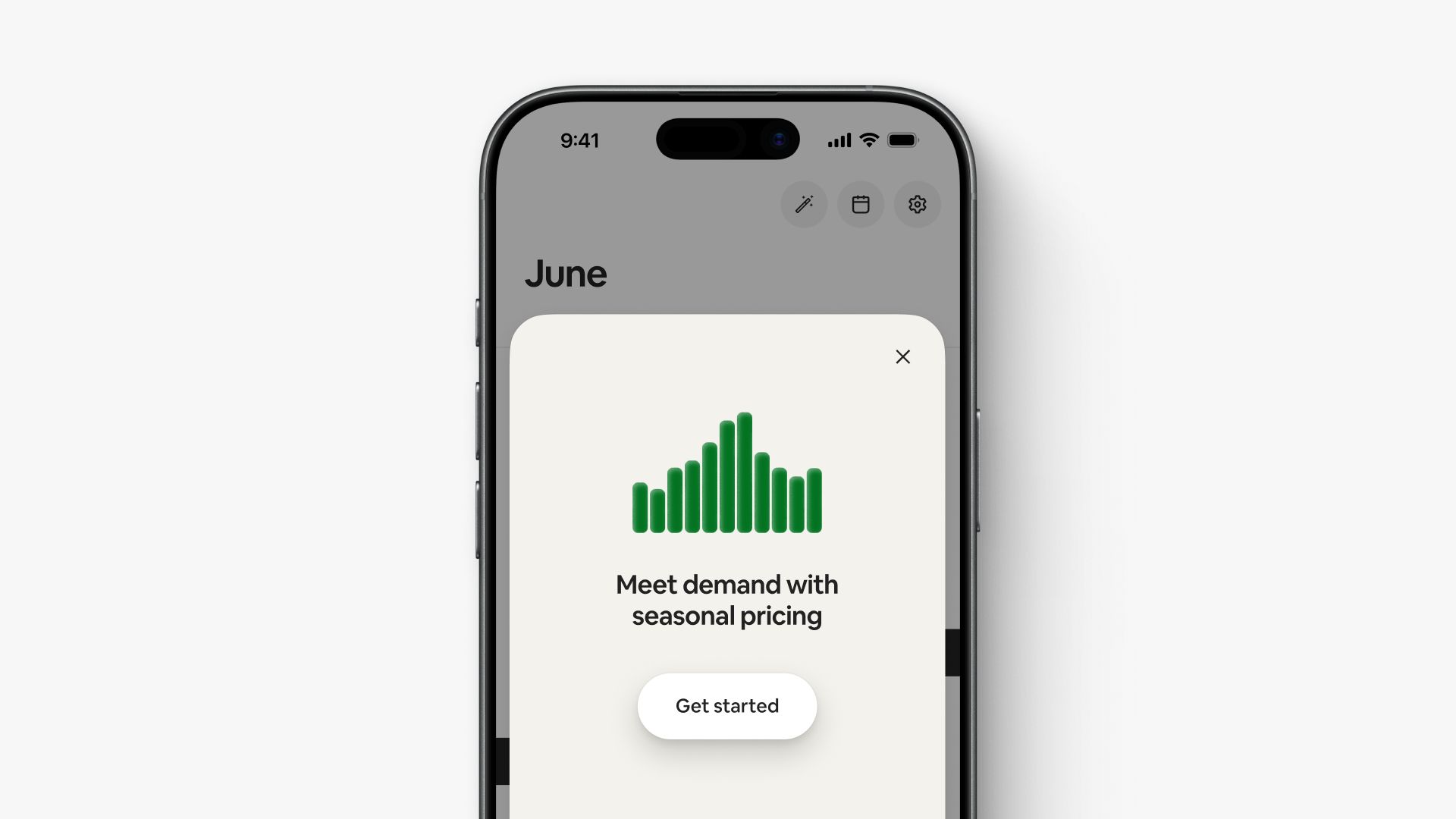A screen in the app shows a bar graph of monthly prices and the words, “Meet demand with seasonal pricing.”