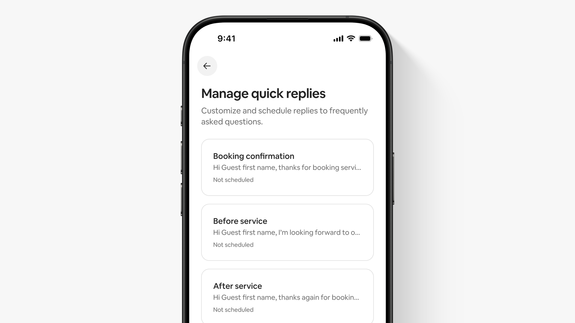 Ingxenye yesikrini ku-app, enesihloko esithi “Menenja izimpendulo ezisheshayo,” ibonisa uhlu lwamathempulethi angu-3 emiyalezo ebhalwe kusengaphambili.