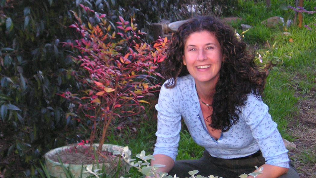 A curly-haired woman sits on the ground next to a potted tree.