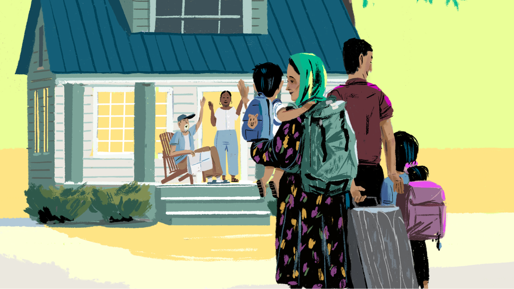 Een illustratie van een gezin dat bij een huis aankomt, met twee mensen op de veranda die naar hen zwaaien.