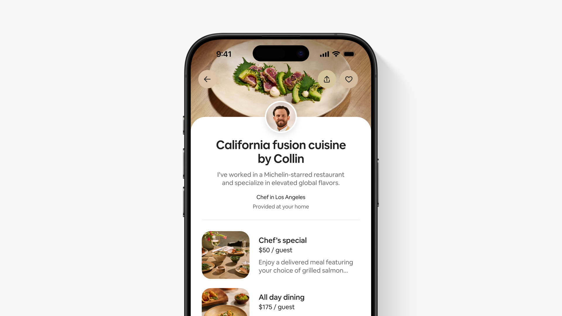 A service listing in the Airbnb app displays a cover photo, a host profile photo, and offering photos.