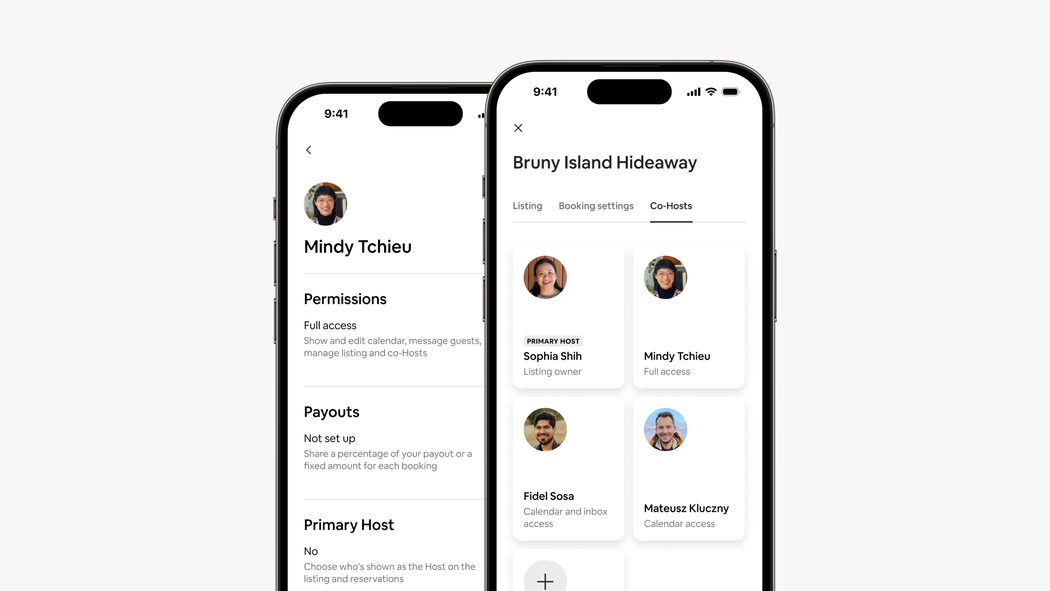 Two phone screens side by side show a co-Host’s permissions and payouts details and the new Co-Hosts tab on the Airbnb app.