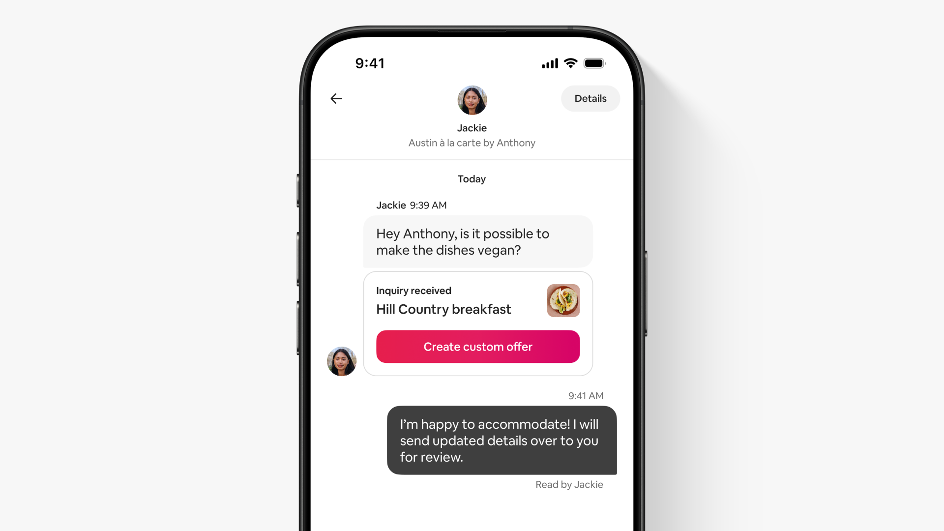 A screen in the Airbnb app’s Messages tab shows a guest asking a service host for a custom offer.