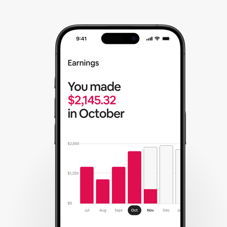 A phone screen shows how Airbnb Hosts can filter payouts by date, including custom date ranges, in the earnings dashboard.