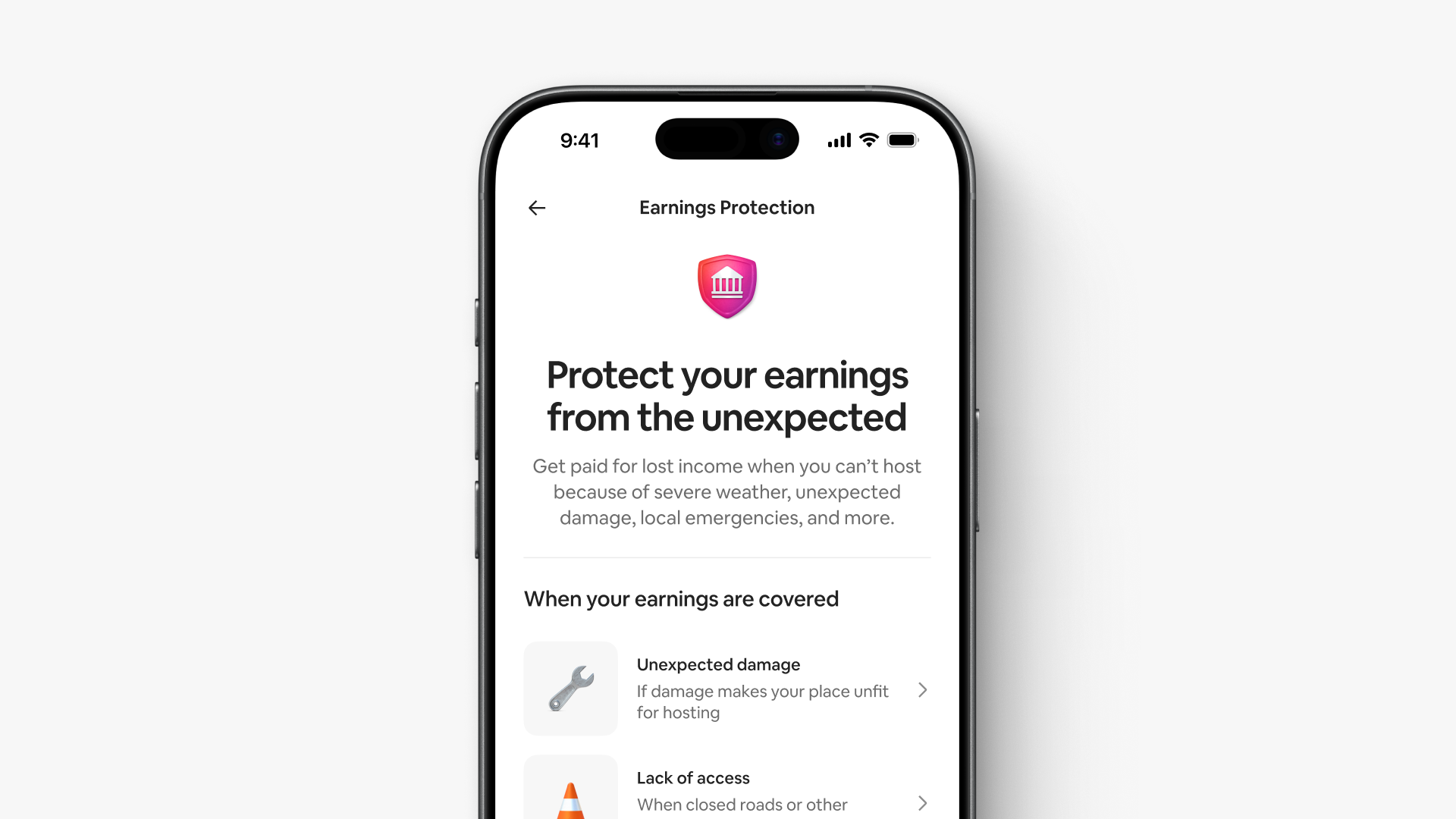 Uma captura de ecrã mostra a Proteção de rendimentos na aplicação Airbnb, com o título "Proteja os seus rendimentos de acontecimentos inesperados".