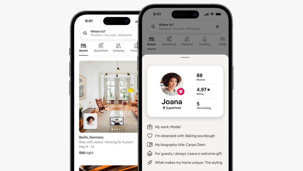Telefonskärmar sida vid sida visar en värds foto i en Airbnb Rum-annons i sökresultat och längst upp på hens presentation.