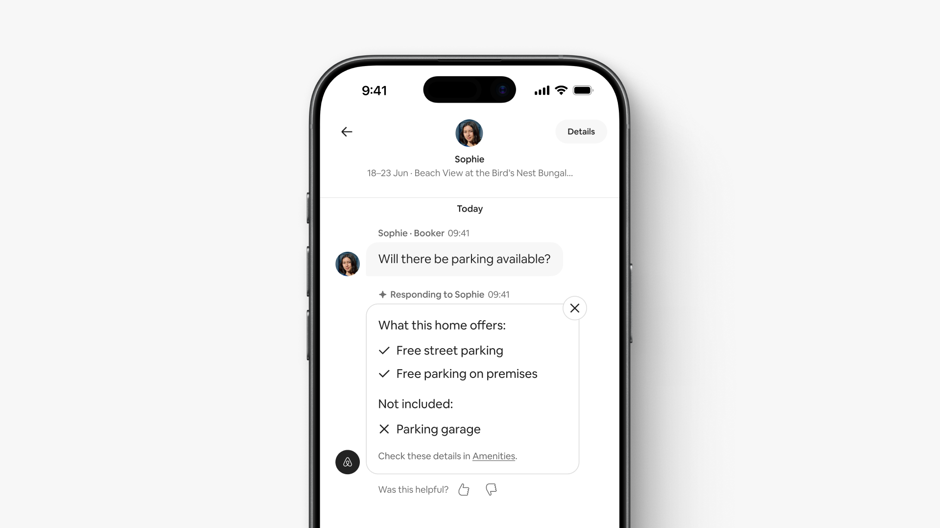 In a message, guest Sophie asks, “Will there be parking available?” She gets an auto-reply linking to the listing’s amenities.