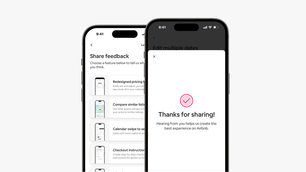 One phone screen shows a feedback page with a list of new features. A second phone screen reads, “Thanks for sharing!”