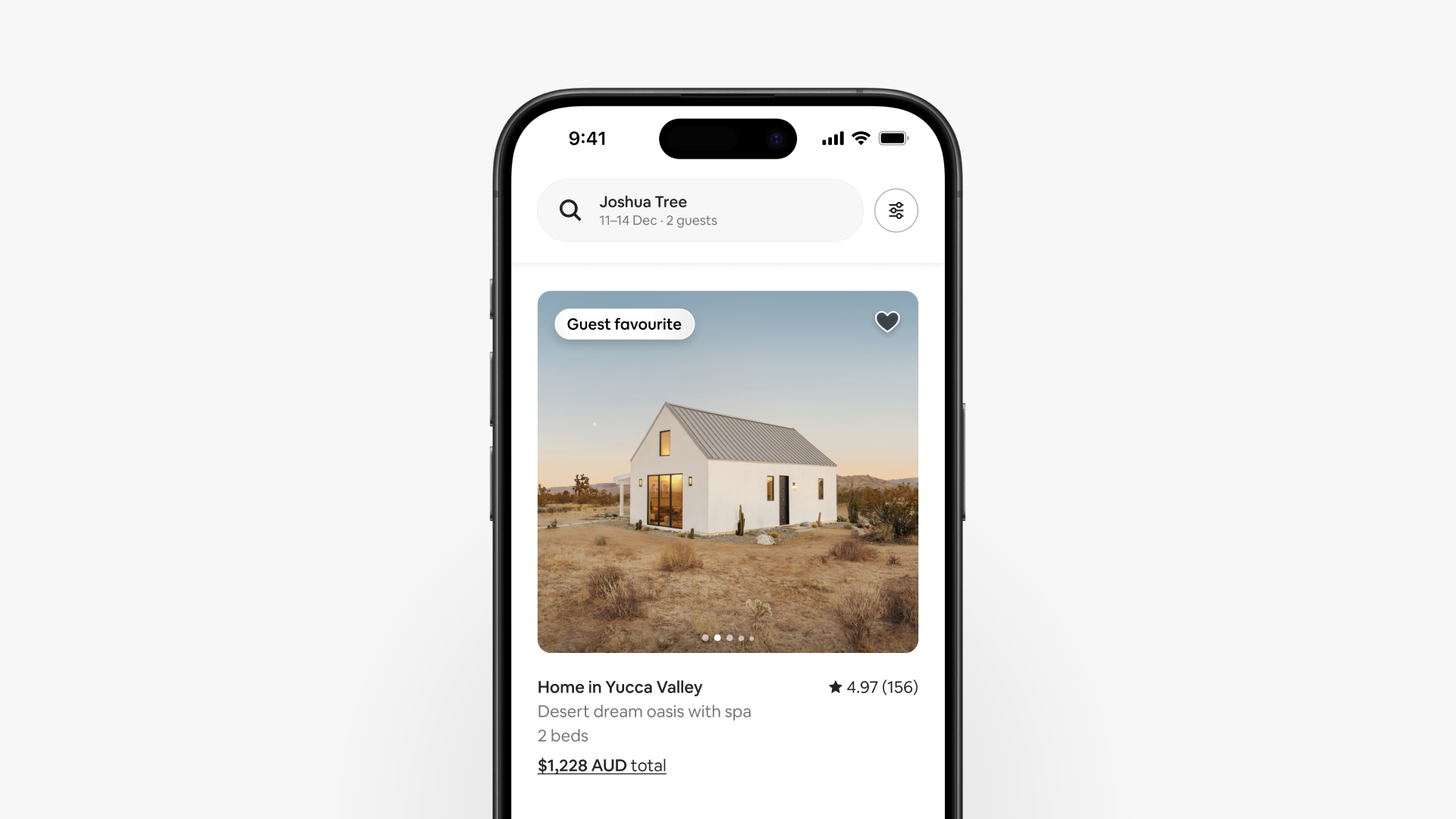 A search for a three-night stay for two guests in Joshua Tree, California, shows a listing tagged as a Guest favourite.