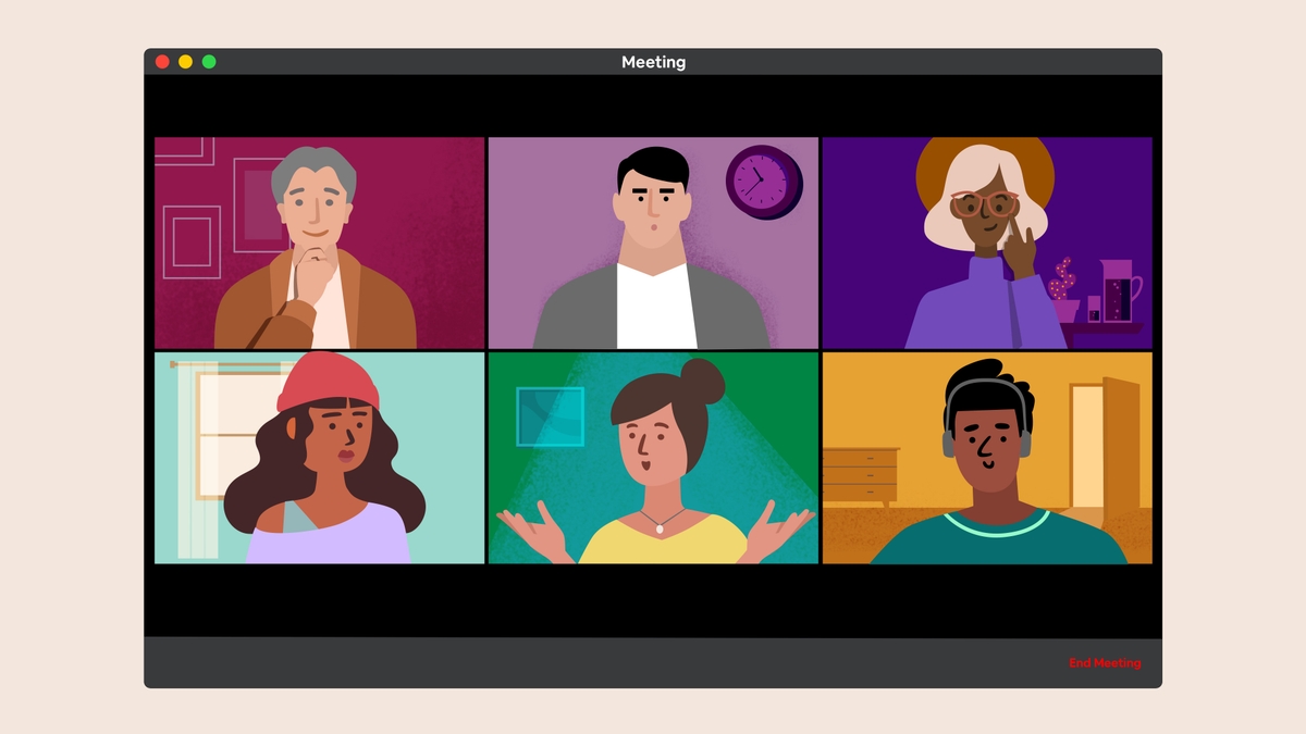Een illustratie toont zes mensen die aan een videoconferentie deelnemen.