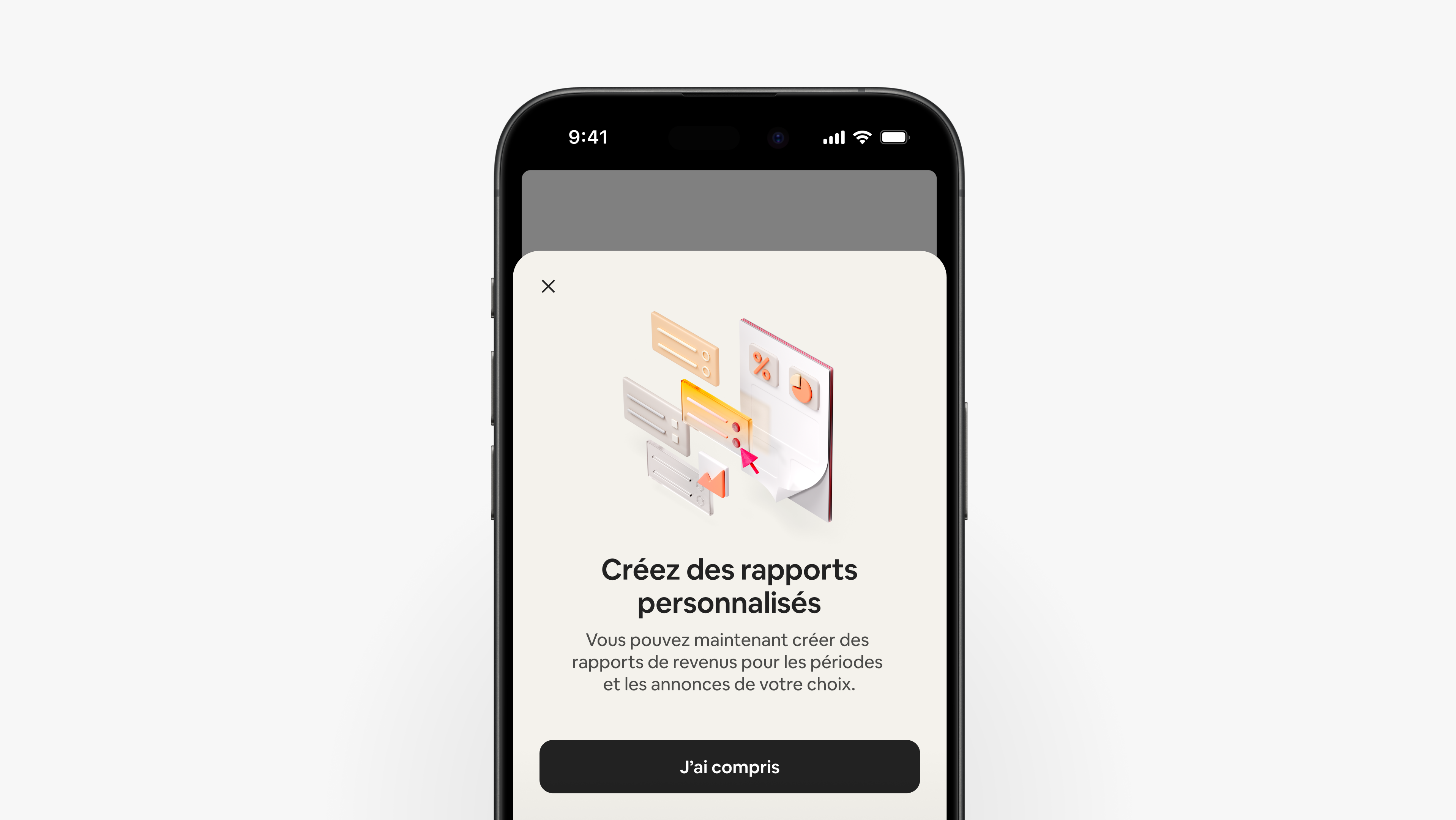L'appli Airbnb affiche un écran expliquant aux hôtes comment créer des rapports de revenus personnalisés pour les périodes et les annonces de leur choix.