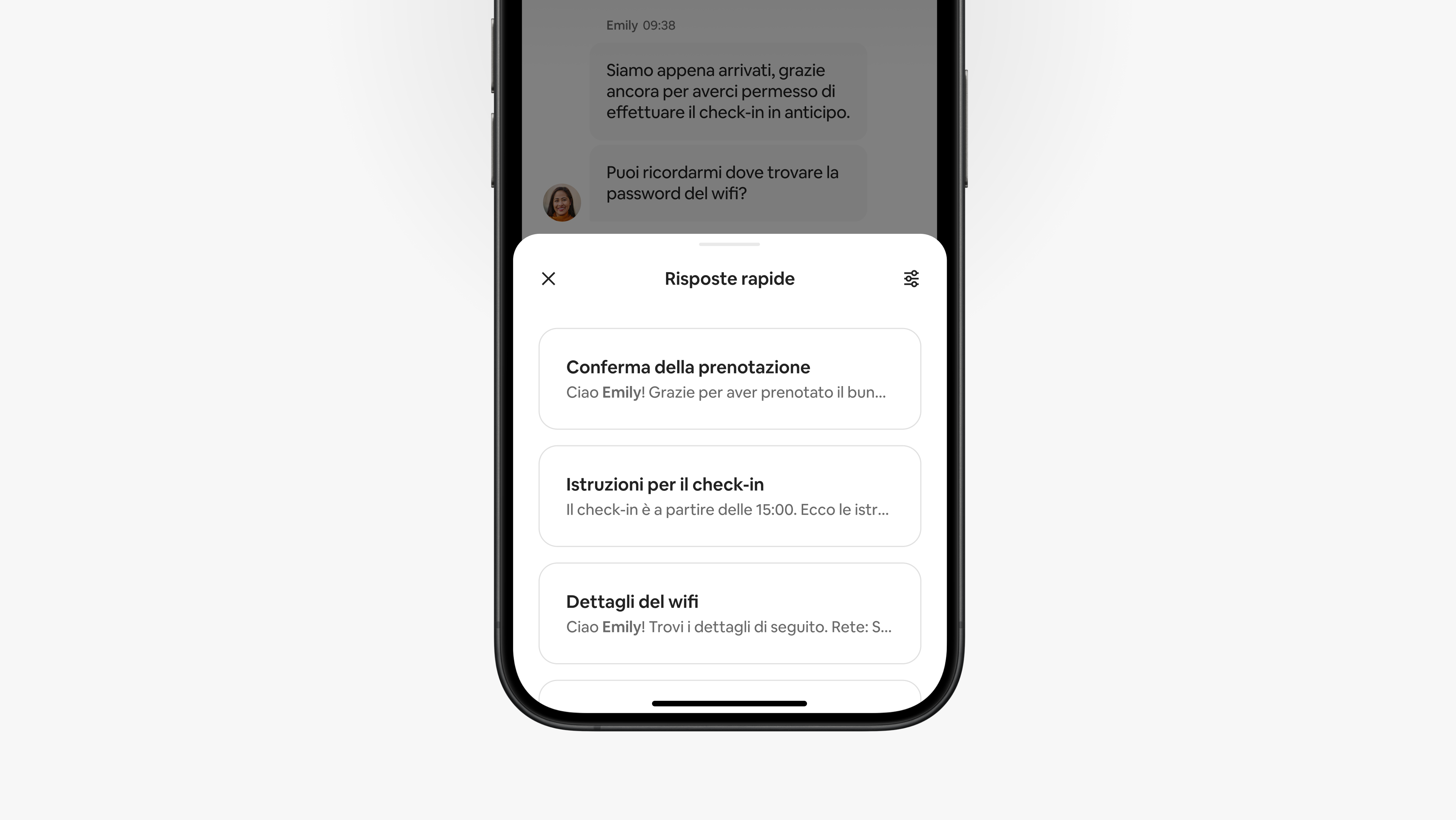 Una schermata nell'app di Airbnb mostra un menu di risposte rapide che un host può utilizzare per dare riscontro a un ospite durante una conversazione.